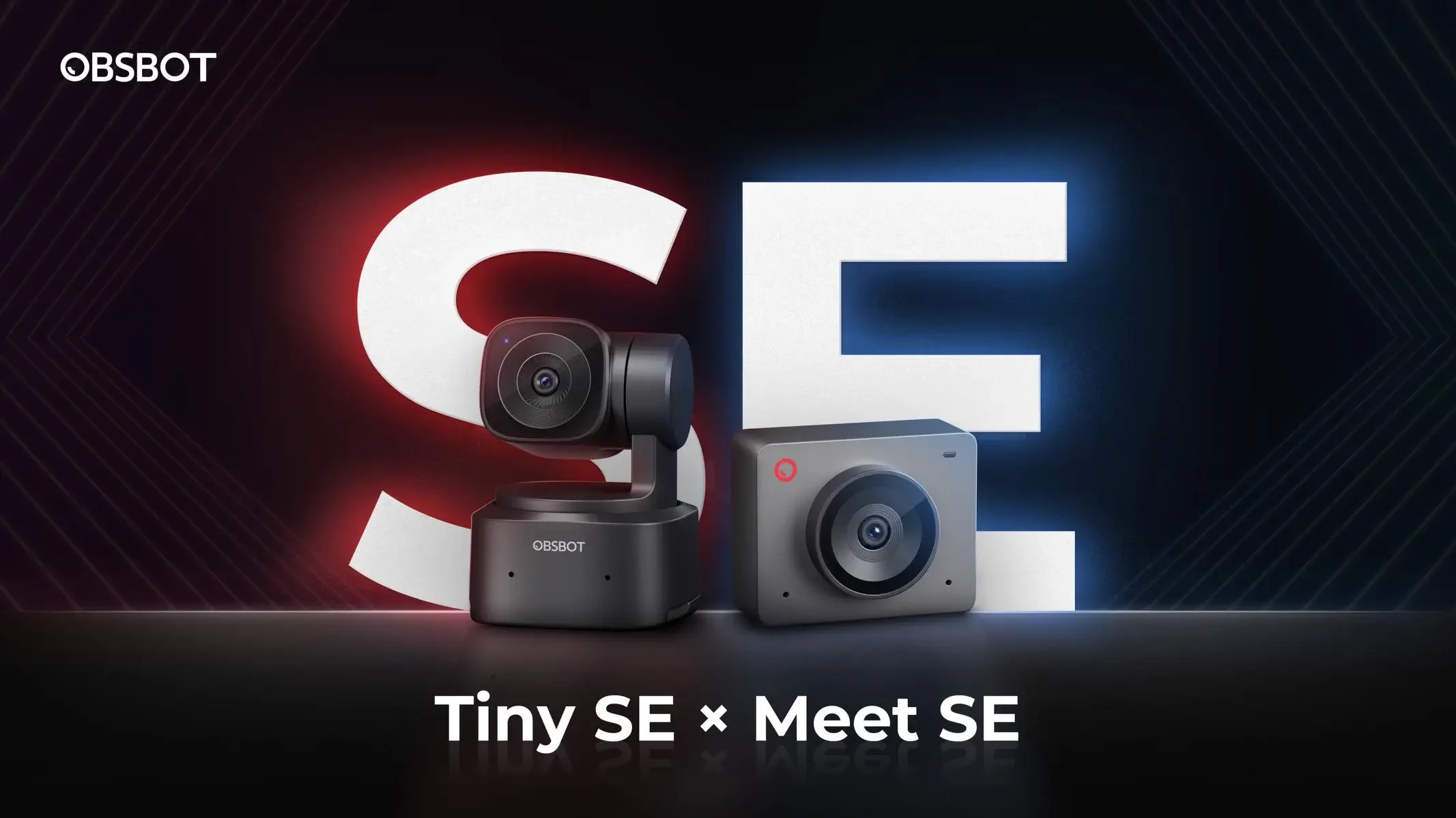 High-End CGI für Tech-Marken: Werbe-Rendering von zwei schwarzen OBSBOT Webcams vor leuchtendem SE-Schriftzug für einen Produkt-Launch.