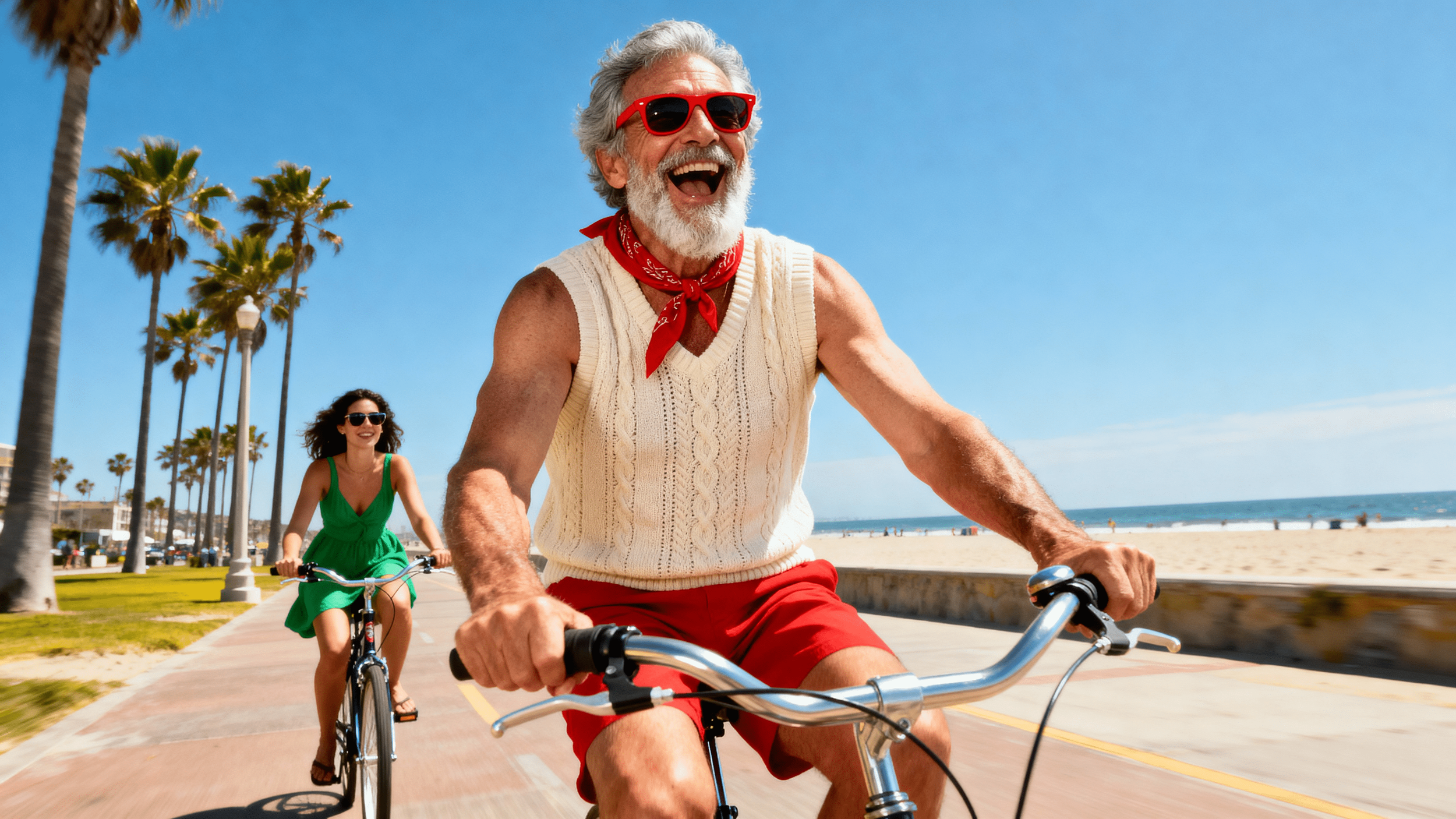 An older man and a woman riding bikes along a beachside promenade on a sunny day; the man wears sunglasses, a sleeveless sweater, red shorts, and a red bandana, while the woman wears sunglasses and a green dress.