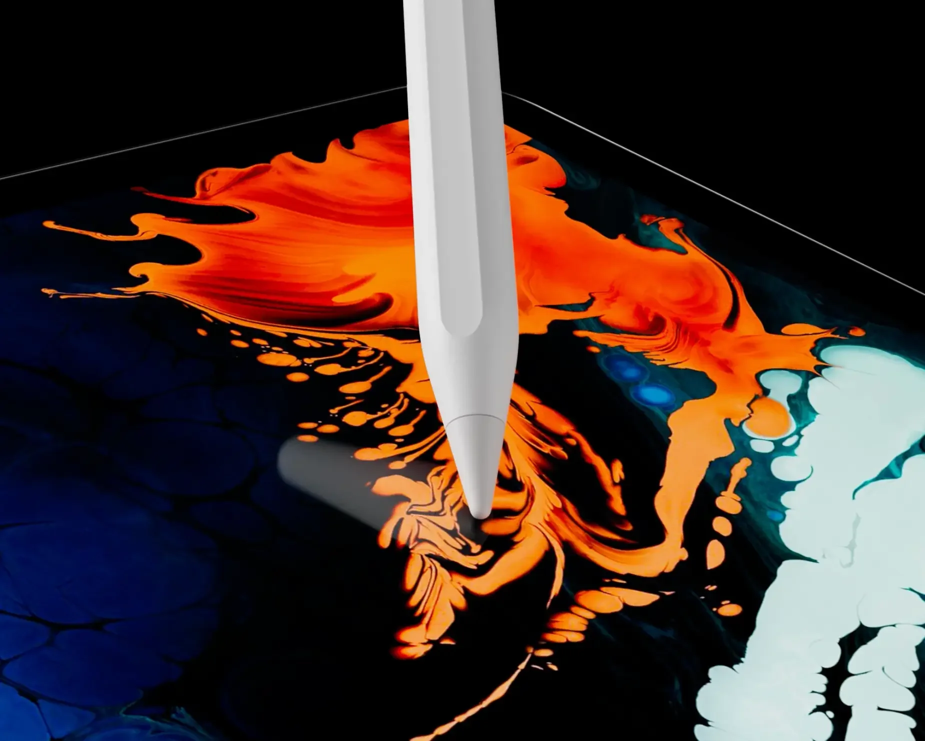 Ikonische 3D Product Visualization des Apple iPad Pro mit dem Apple Pencil: Eine fotorealistische CGI-Makroaufnahme mit präzisen Display-Reflexionen und farbintensiver Grafik von Blackship Studios.