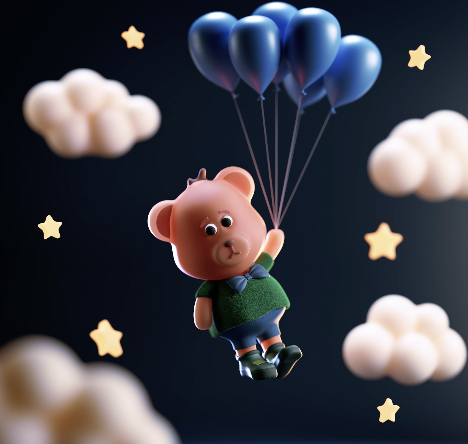 Cartoon bear holding blue balloons floating among clouds and stars in a night sky.