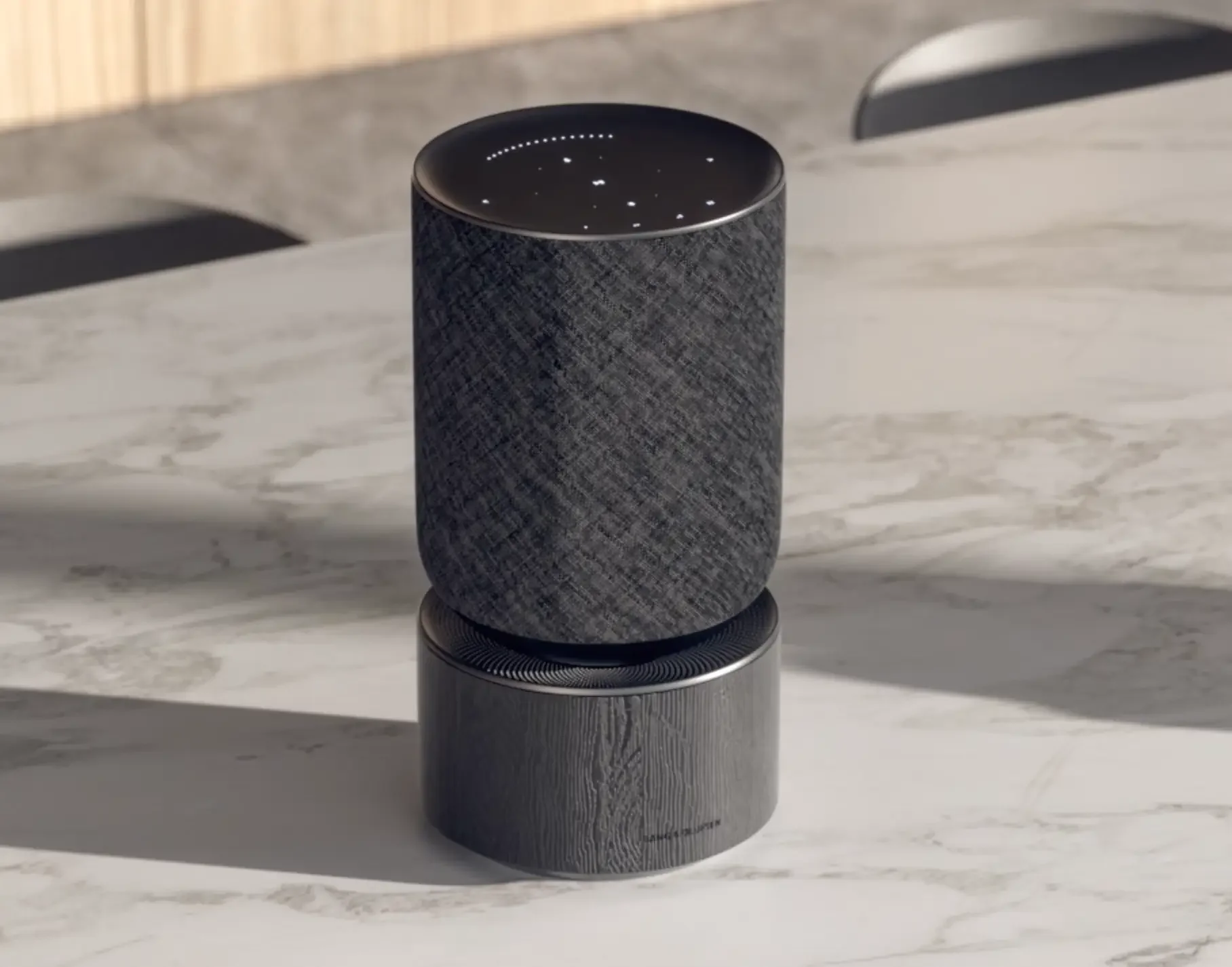Fotorealistisches CGI Product Rendering und 3D-Animation des Bang & Olufsen Beosound Balance Lautsprechers in einer hellen, modernen Interior-Umgebung auf Marmor von Blackship Studios.