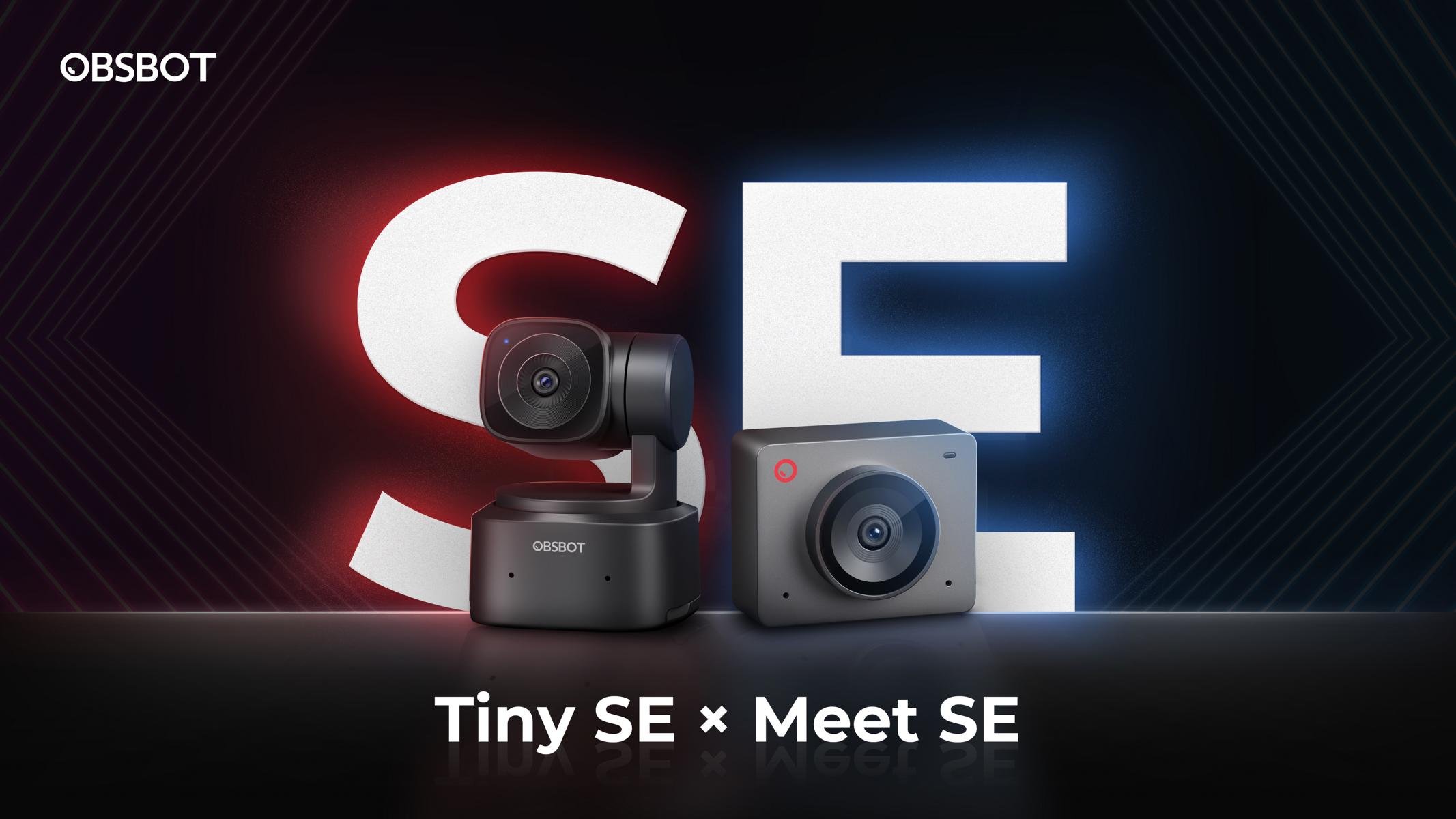 The image displays two different security cameras in front of large letters 'S' and 'E'. The left camera, labeled 'OBSBOT,' is a black, round, and mounted camera, while the right camera is a grey, box-shaped camera. The background features a dark design with red and blue accents. Text at the bottom reads: 'Tiny SE x Meet SE'.