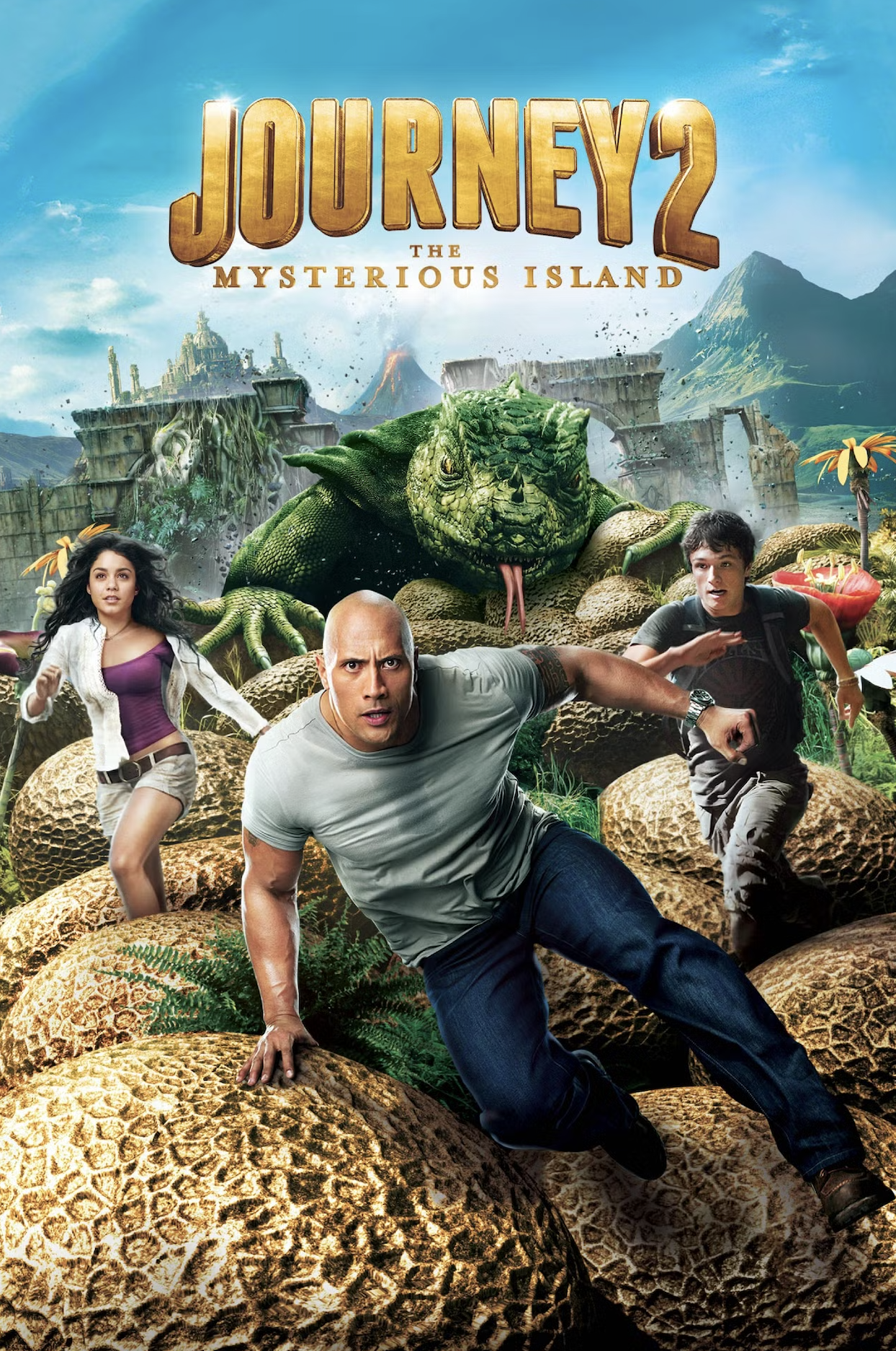 Movie poster for 'Journey 2: The Mysterious Island' featuring four characters running on large textured rocks, with a giant green lizard in the background, ancient ruins, and volcanic mountains under a bright blue sky.
