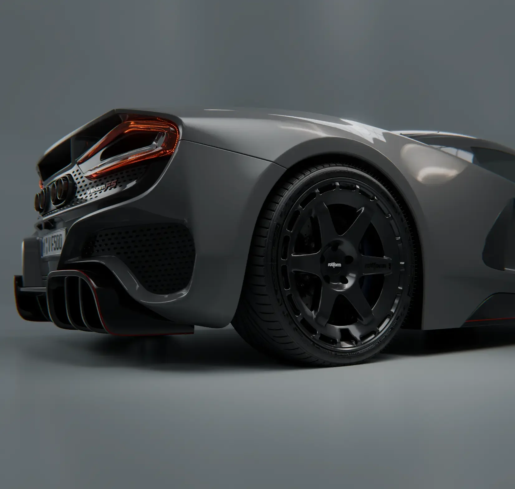 Automotive 3D-Visualisierung München: Fotorealistisches CGI-Rendering eines grauen Sportwagens mit Fokus auf schwarze Rotiform Felgen.
