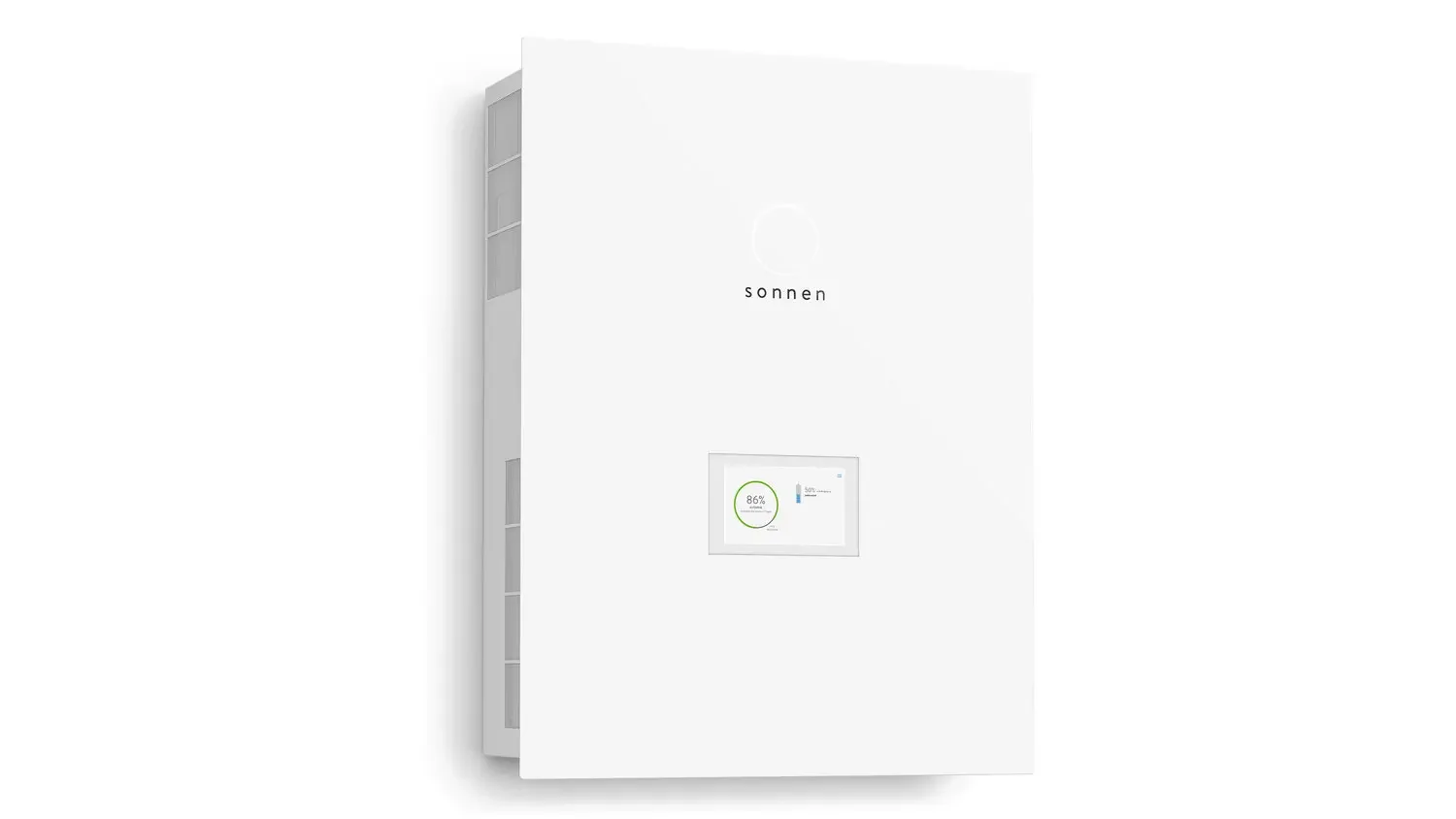 Clean-Tech Produktvisualisierung: Fotorealistisches 3D-Rendering eines weißen sonnenBatterie Stromspeichers mit digitalem Display für die Heimnutzung.
