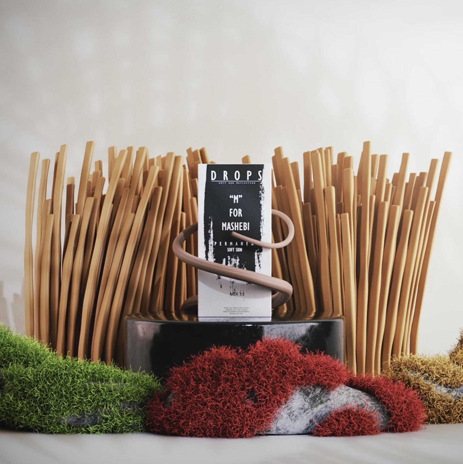 A display of uncooked spaghetti noodles arranged vertically with a black label in the center that reads 'DROPS M for Mashed' and has a pinkish rubber band wrapped around it. The display is decorated with green, red, and yellow moss at the base.