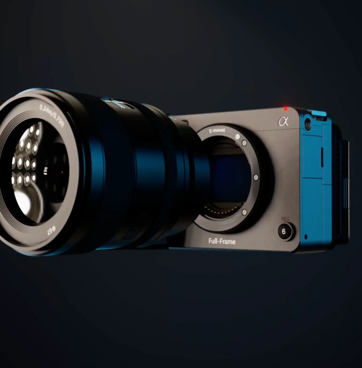Technische Produktvisualisierung: Fotorealistisches 3D-Rendering einer spiegellosen Vollformatkamera von Sony mit abgenommenem Objektiv in dynamischem Licht.