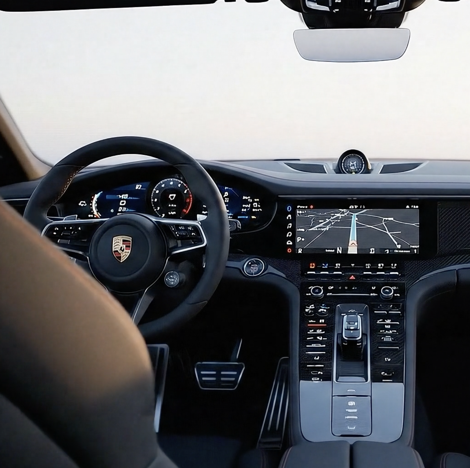 Interior view of a Porsche car dashboard displaying a central digital navigation screen and digital speedometer, with a steering wheel featuring the Porsche emblem, and pedals visible at the driver's footwell.