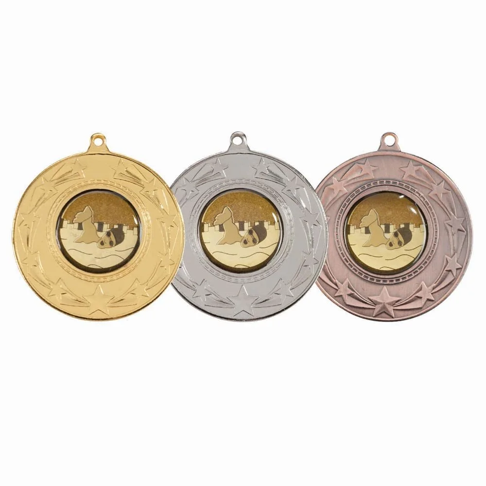 Three medals in gold, silver, and bronze with a star border, featuring a dog in sunglasses lying on a blanket.