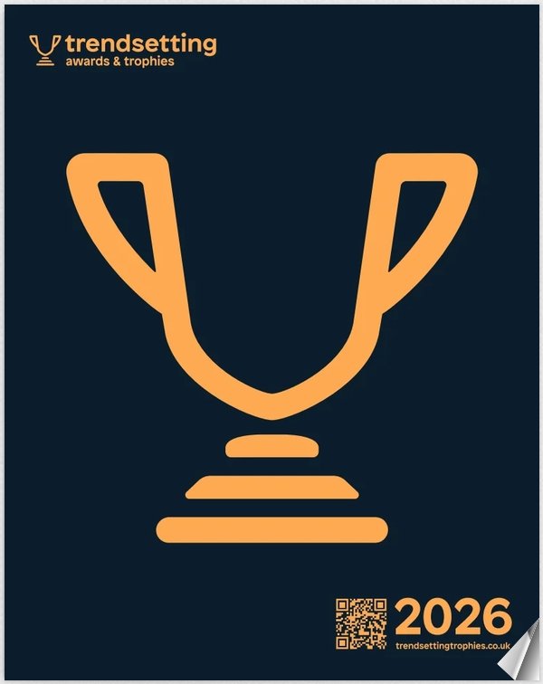 Graphic design celebrating the Trendsetting Awards & Trophies 2026, featuring a stylized trophy icon in orange on a dark background, with a QR code and website URL at the bottom right.