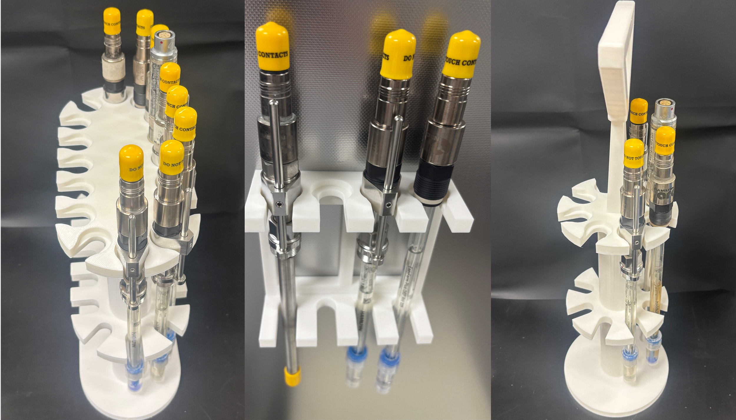 A white plastic test tube holder containing eight glass test tubes with yellow caps labeled with 'DO NOT TAMPER, TOUCH CONTACTS'. The holder is displayed from three different angles.