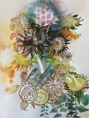  Ode to Angelo - Fall Sunflowers  
Mixed media on paper 
22”x 30” 
2022