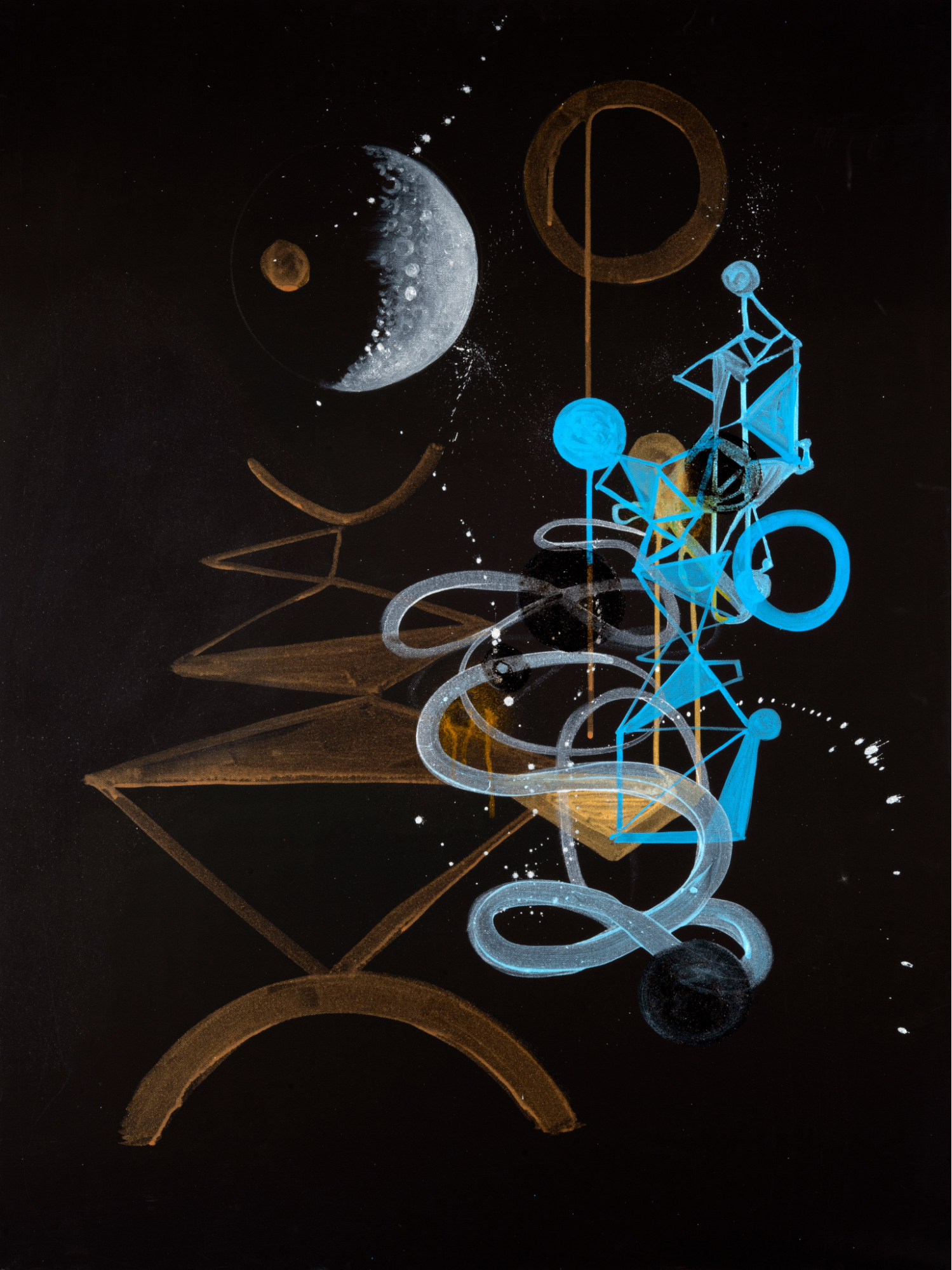Abstract space-themed artwork with planets, geometric shapes, and interconnected lines on a black background.