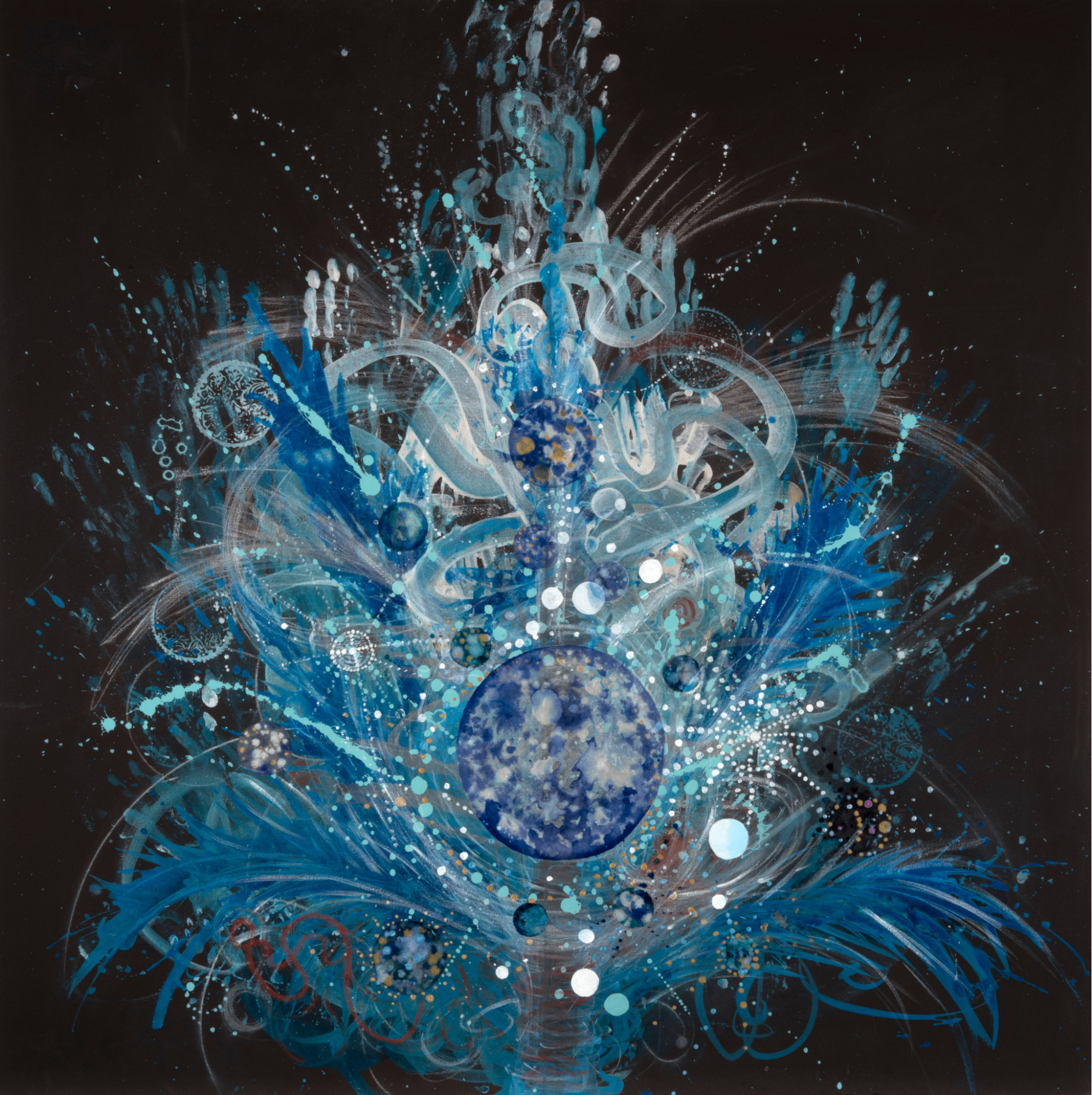 Abstract painting with blue, white, and gray swirls, circles, and splashes on a black background, resembling cosmic or celestial themes.