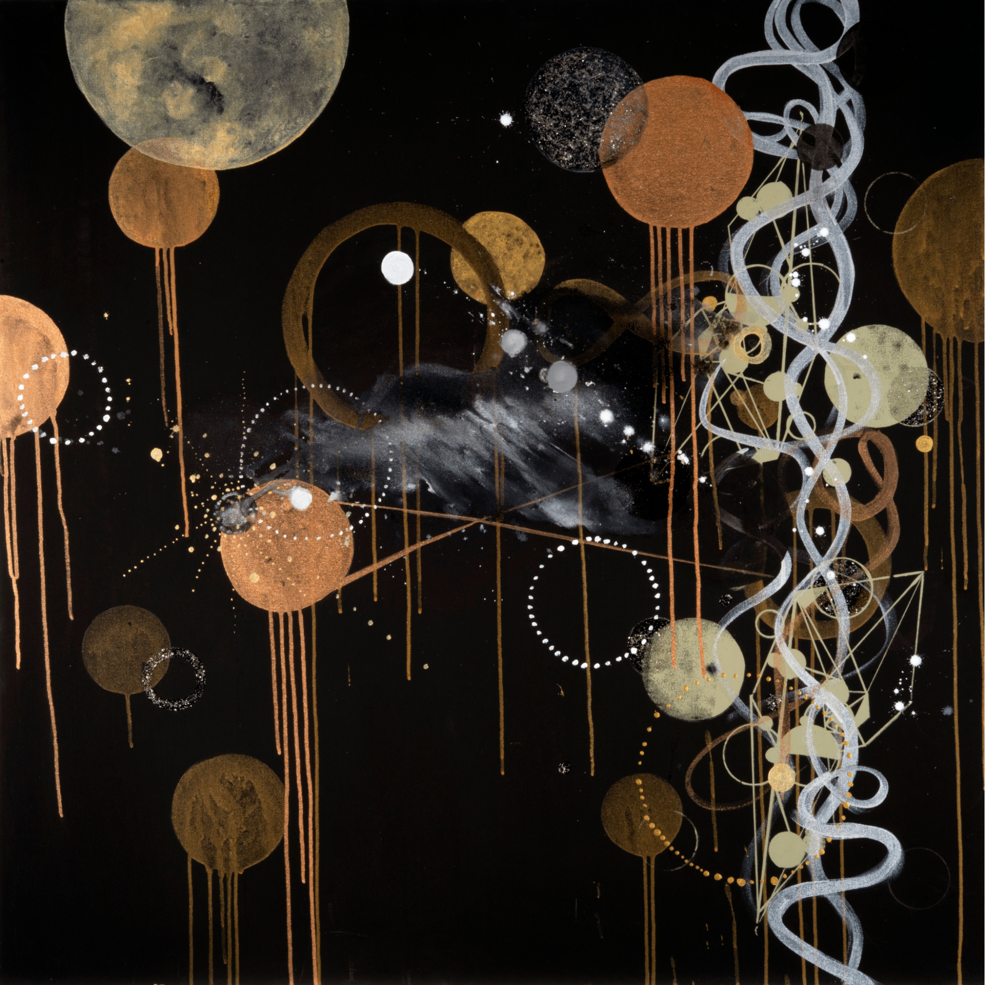 Abstract artwork depicting planets and celestial bodies against a black background with swirling lines and patterns in white, gold, bronze, and gray.