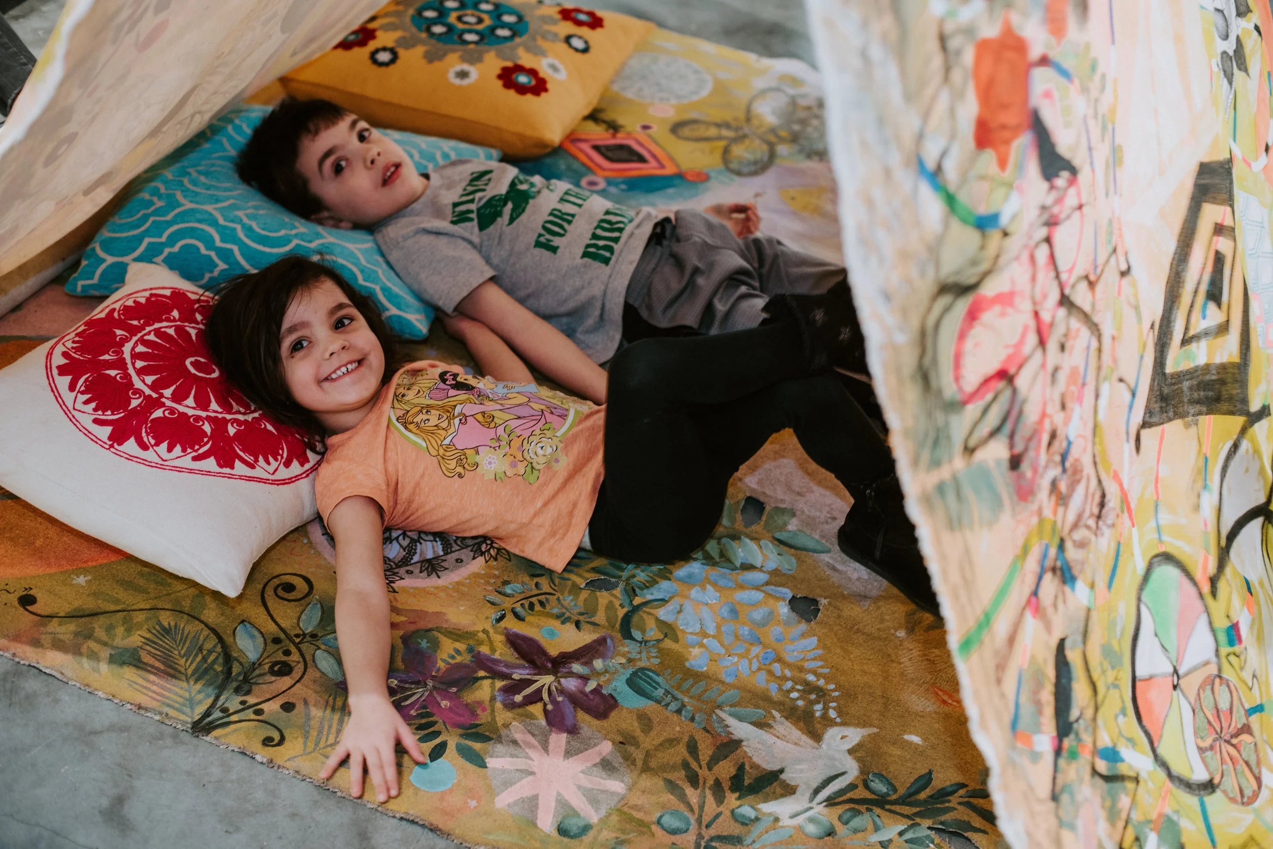 Young visitors relaxing in  Refuge Meditation Tents  after the Drawathon
 Transit, 2018
 Solo Exhibition at Delaware Contemporary 