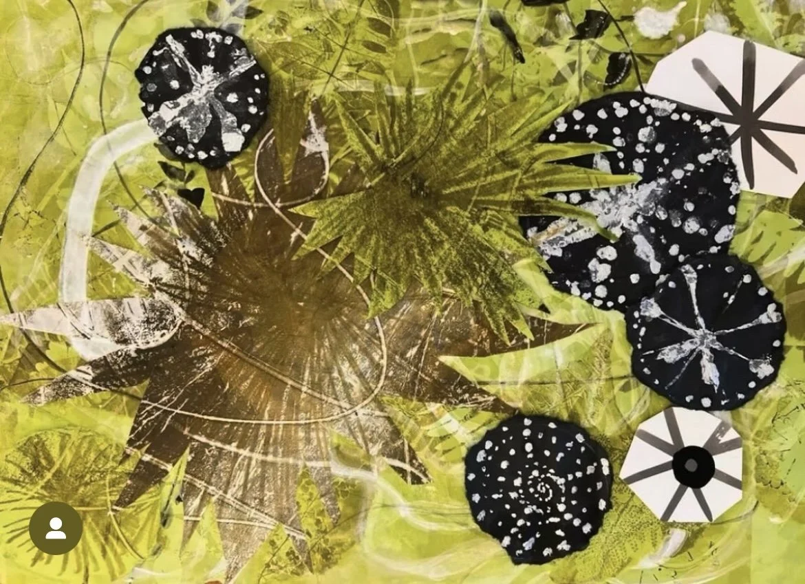  Saw Palmettos- Costa Brava  
Monotype and collage on Mulberry paper  
24” x 30”  
2024 
