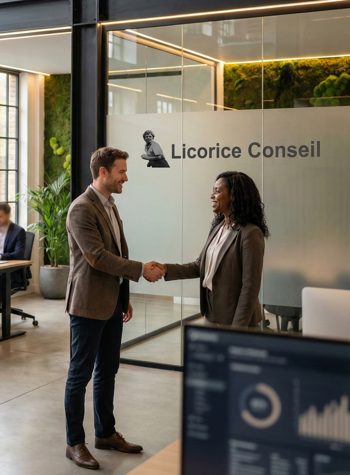 Deux personnes se serrent la main dans un bureau moderne avec un logo « Licorice Conseil » au mur derrière elles.