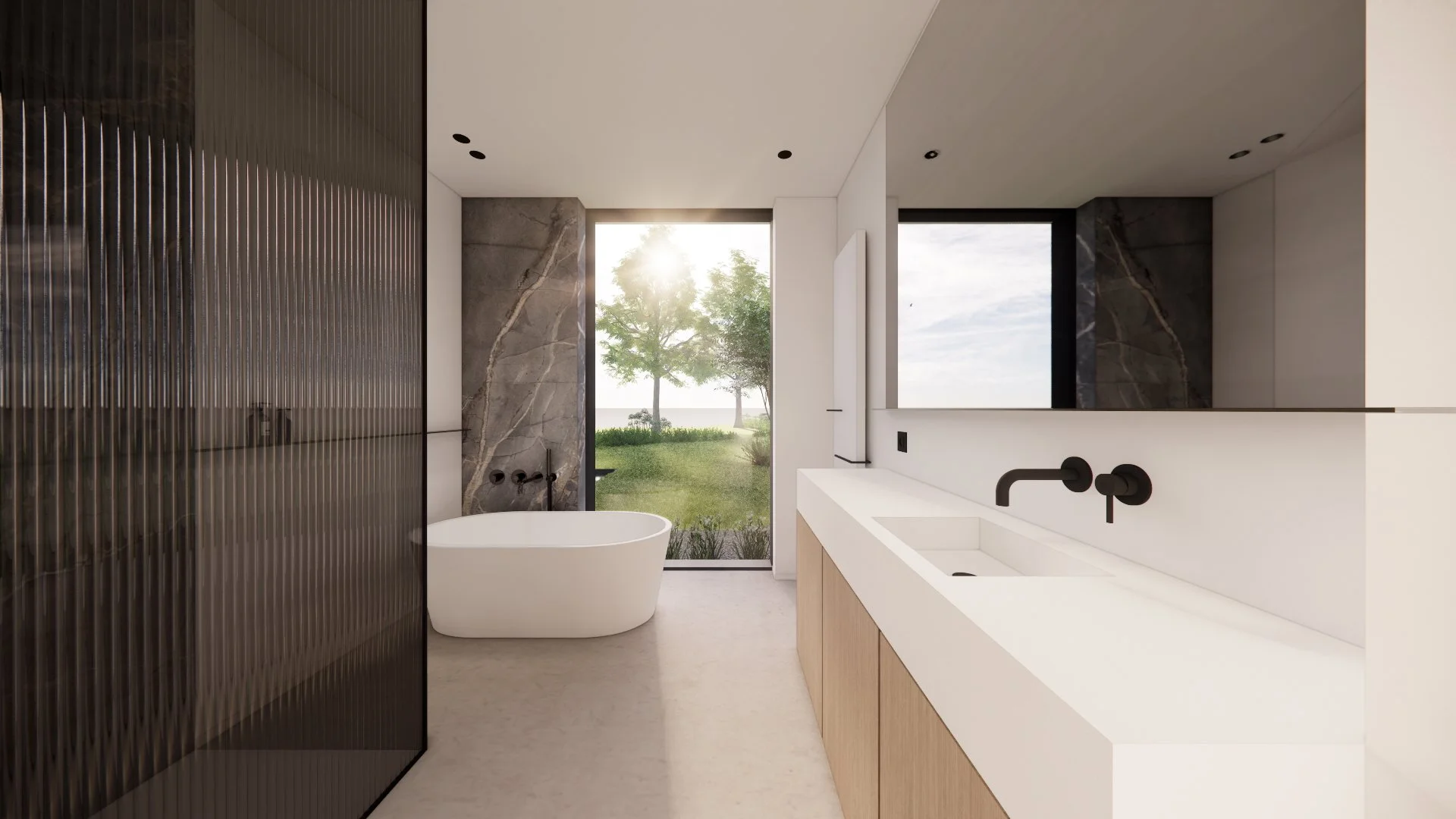 Moderne badkamer met wit wastafel, zwarte kranen, een vrijstaand bad, grote ramen met uitzicht op groen landschap en de zon, marmerdetails op de muur, en een glazen douchecabine met ribbelglas.