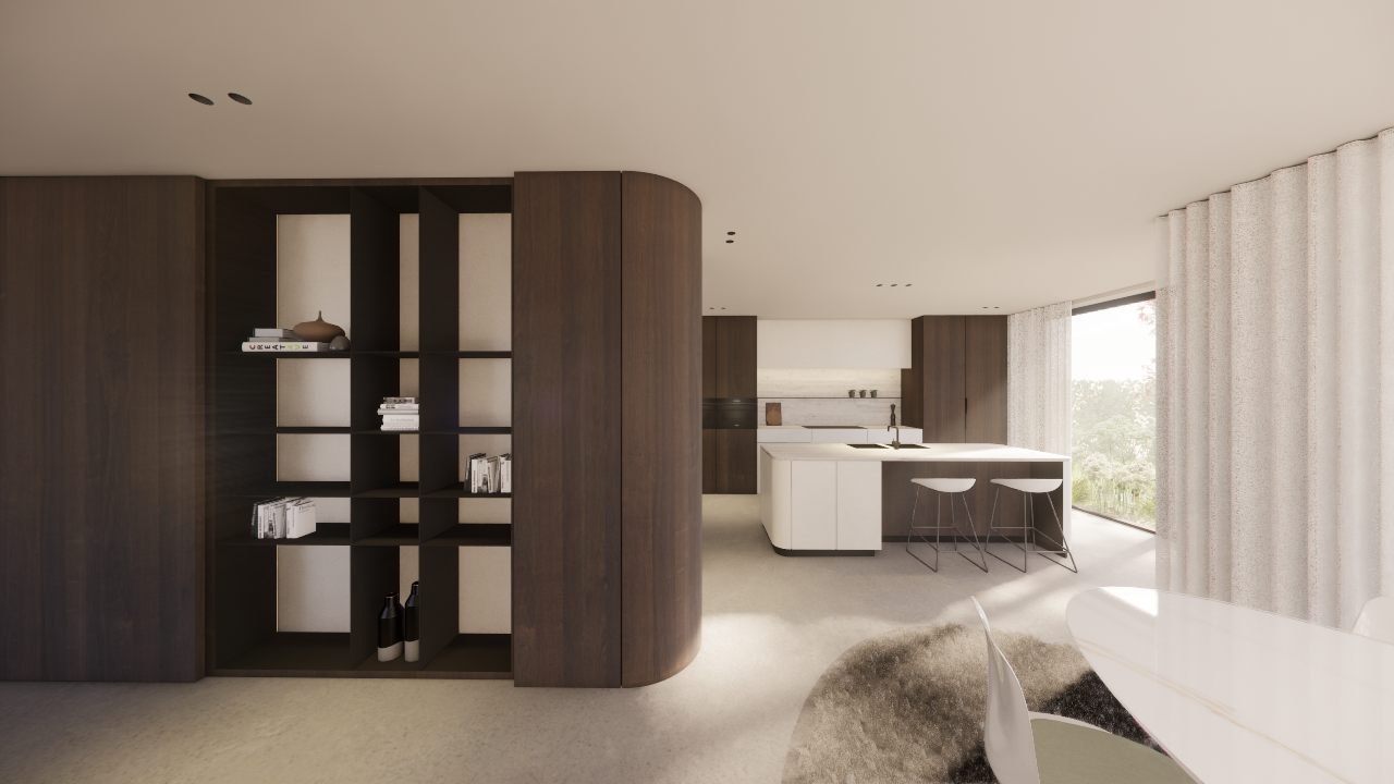 Moderne open keuken met wit en donkere houten kasten, een eiland met barstoelen, grote ramen met witte curtains en een zittafel met witte stoelen.