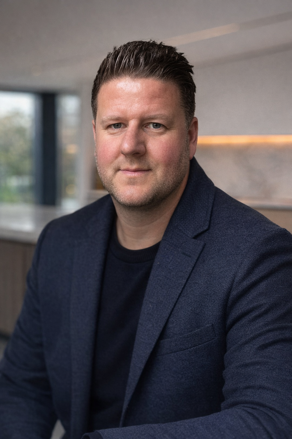 Portret van een man met korte, donkere haar, gekleed in een donkerblauw jasje en een zwarte shirt, zittend in een modern interieur met grote ramen en natuurlijke lichtinval.