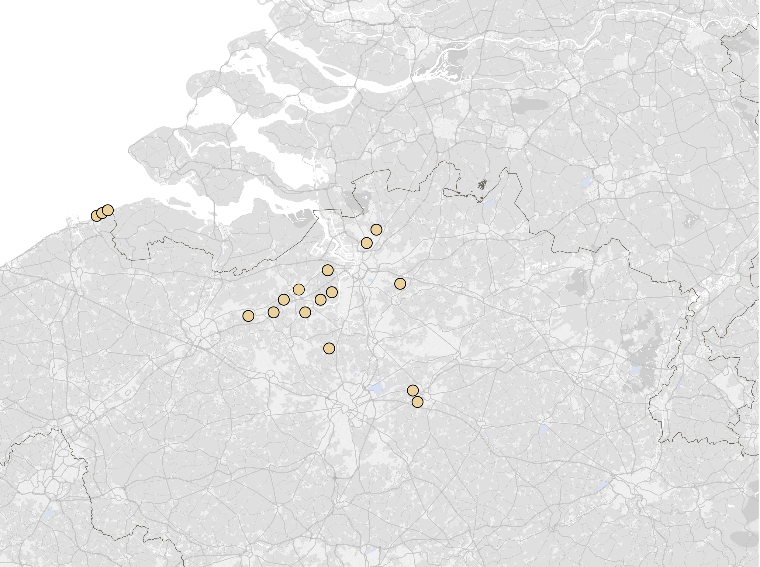 Een kaart van Nederland met meerdere beige cirkels die geografische locaties aangeven.