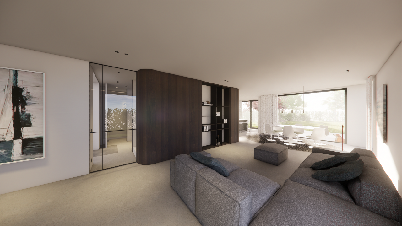 Lichte modern woonkamer met grote ramen, grijze banken en een leeslamp, gescheiden door een houten kamerscherm met open opbergruimte, uitzicht op een tuin met groen gras en bomen.