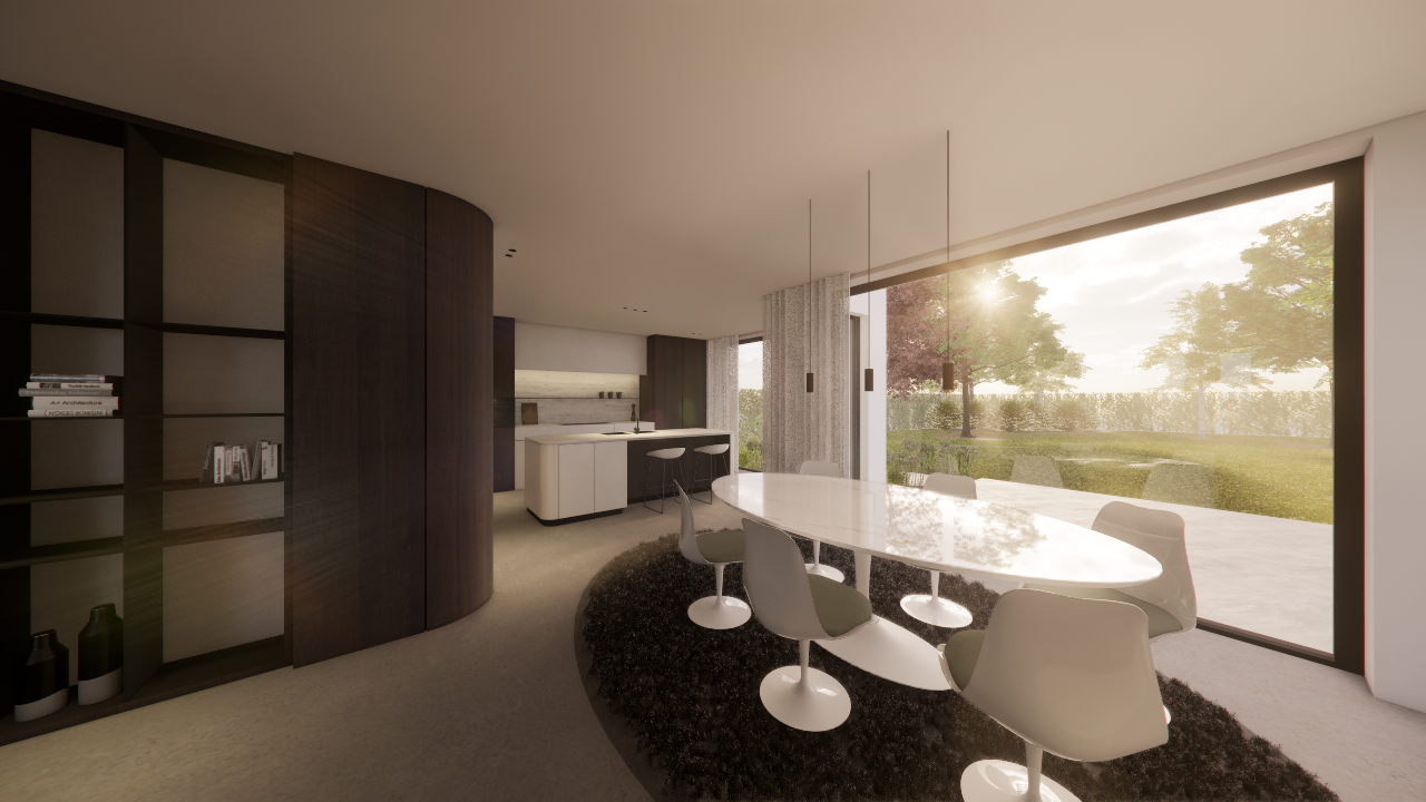 Modern eetkamer en keuken in een huis met grote ramen en uitzicht op een tuin, met een eettafel en stoelen.