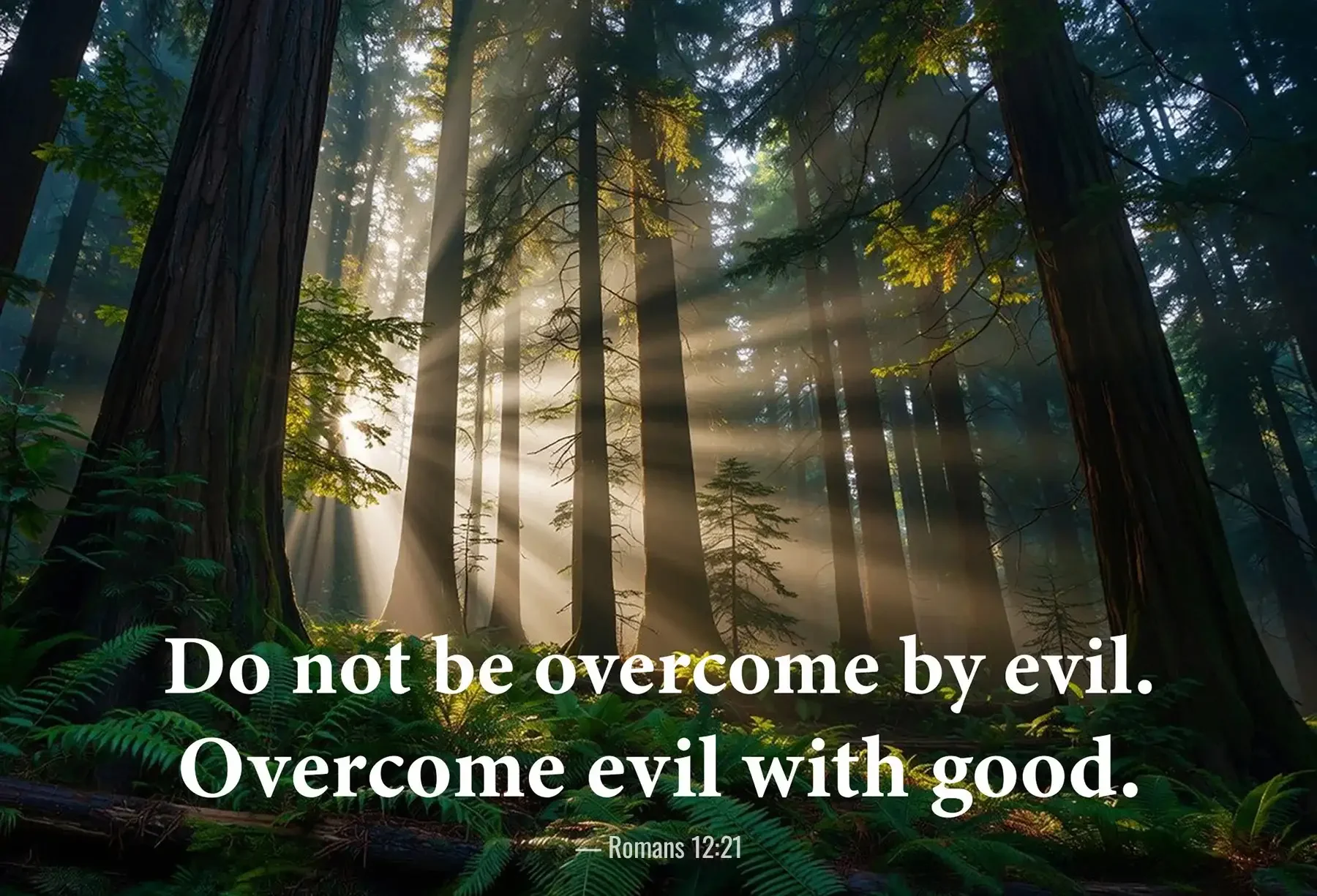 Romans 12:21 Bible verse with sunbeams through tall trees encouraging goodness over evil.