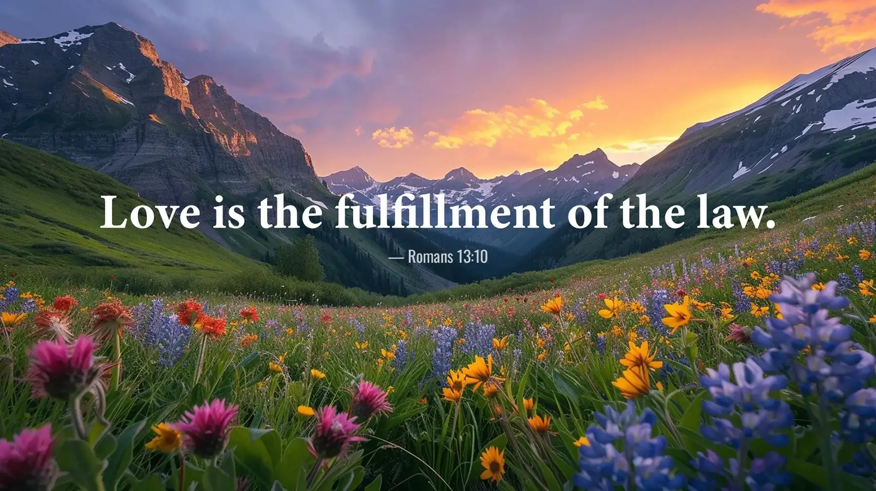 Romans 13:10 Bible verse with mountains and wildflowers declaring love fulfills the law.