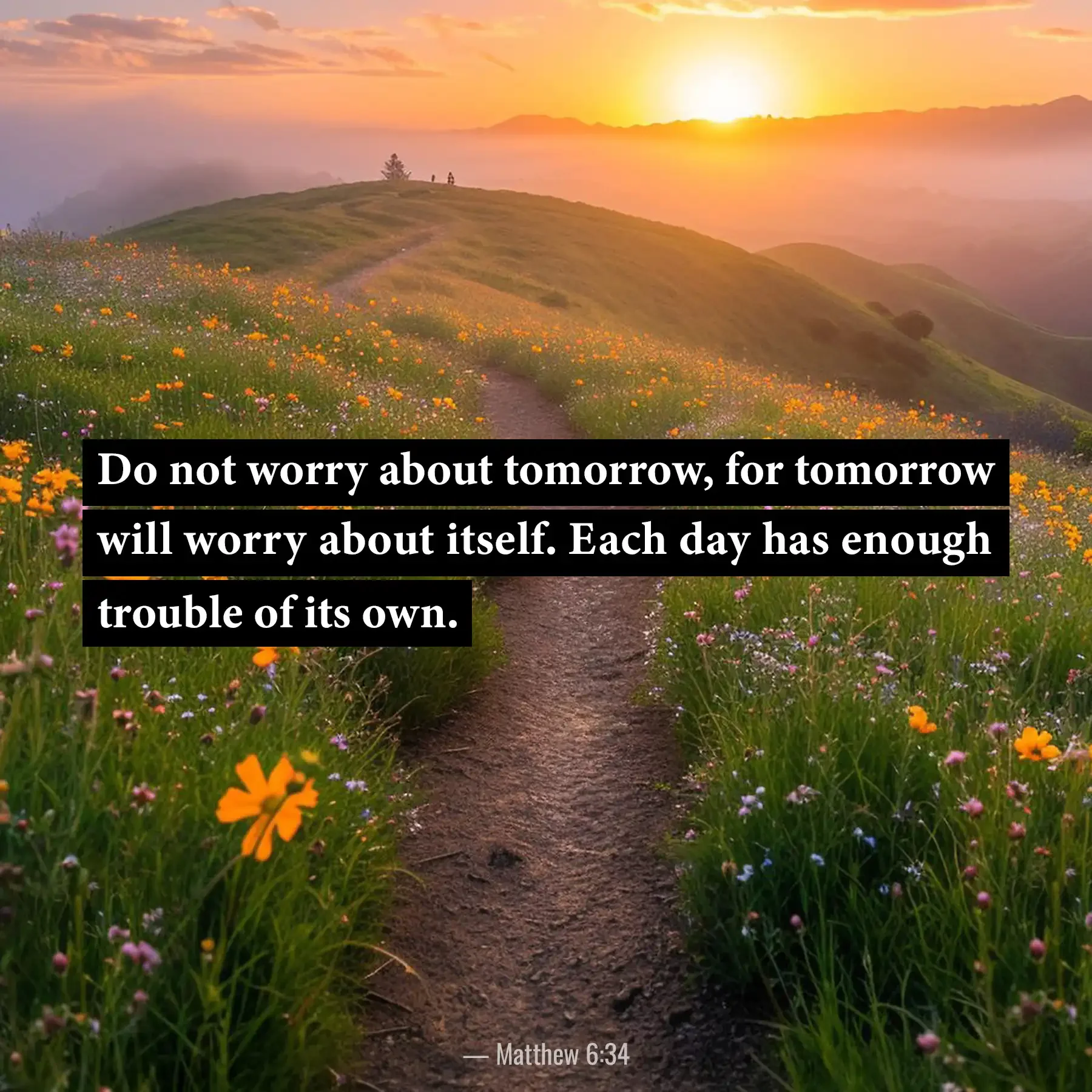 Matthew 6:34 Bible verse over a flower-lined country path encouraging trust instead of worry.