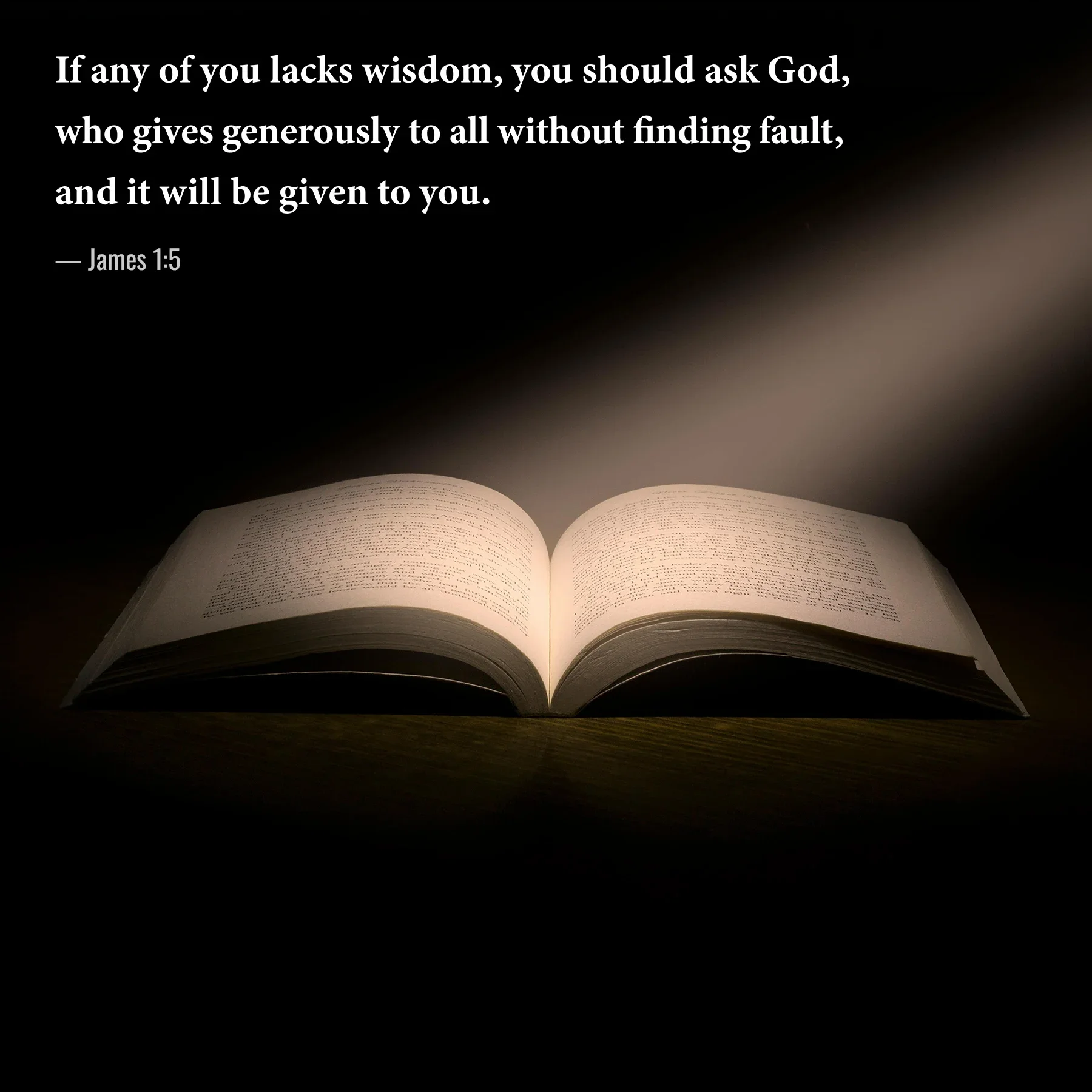 James 1:5 Bible verse with an open Bible illuminated by light, symbolizing God's wisdom.