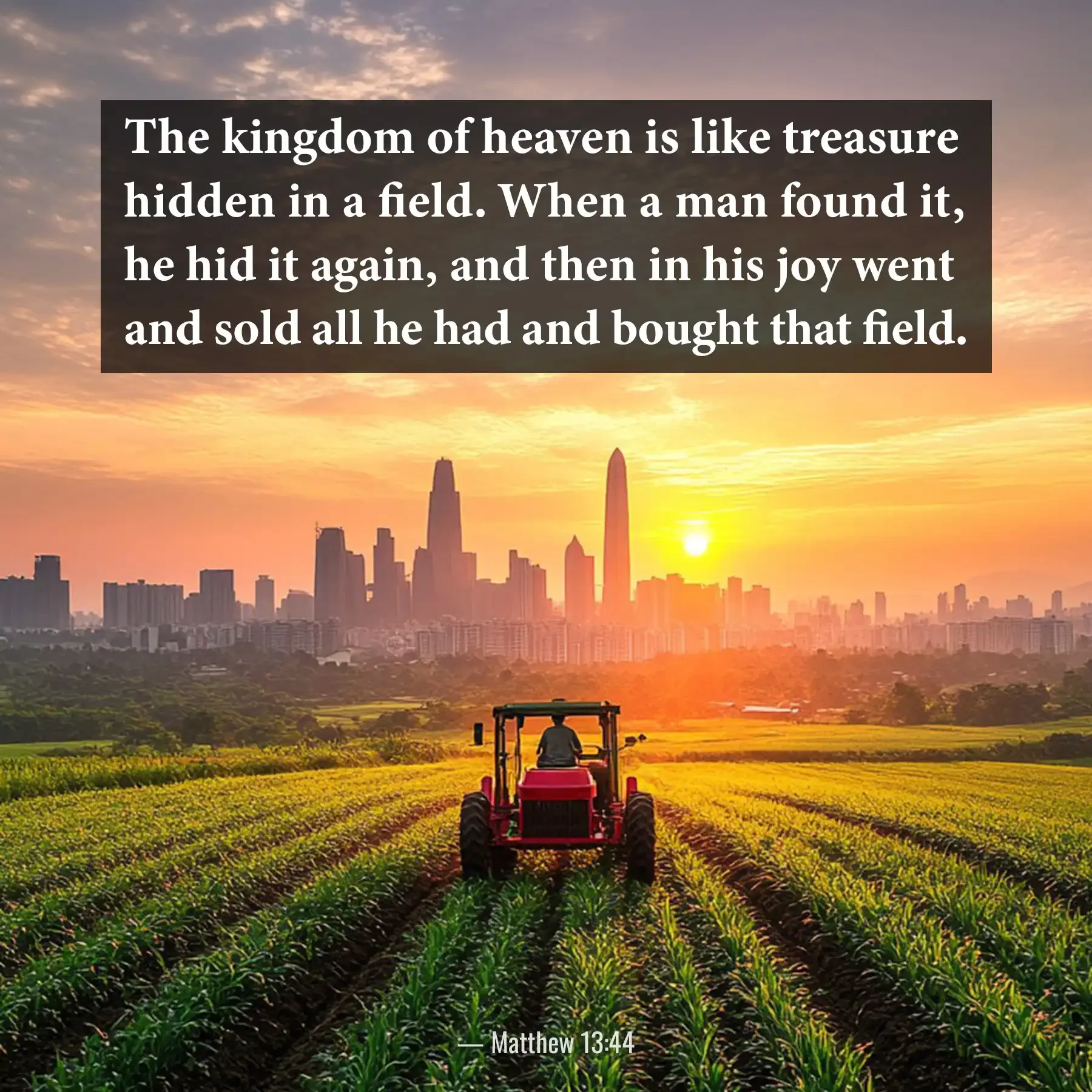 Matthew 13:44 Bible verse showing farmland at sunrise representing the kingdom of heaven as hidden treasure.