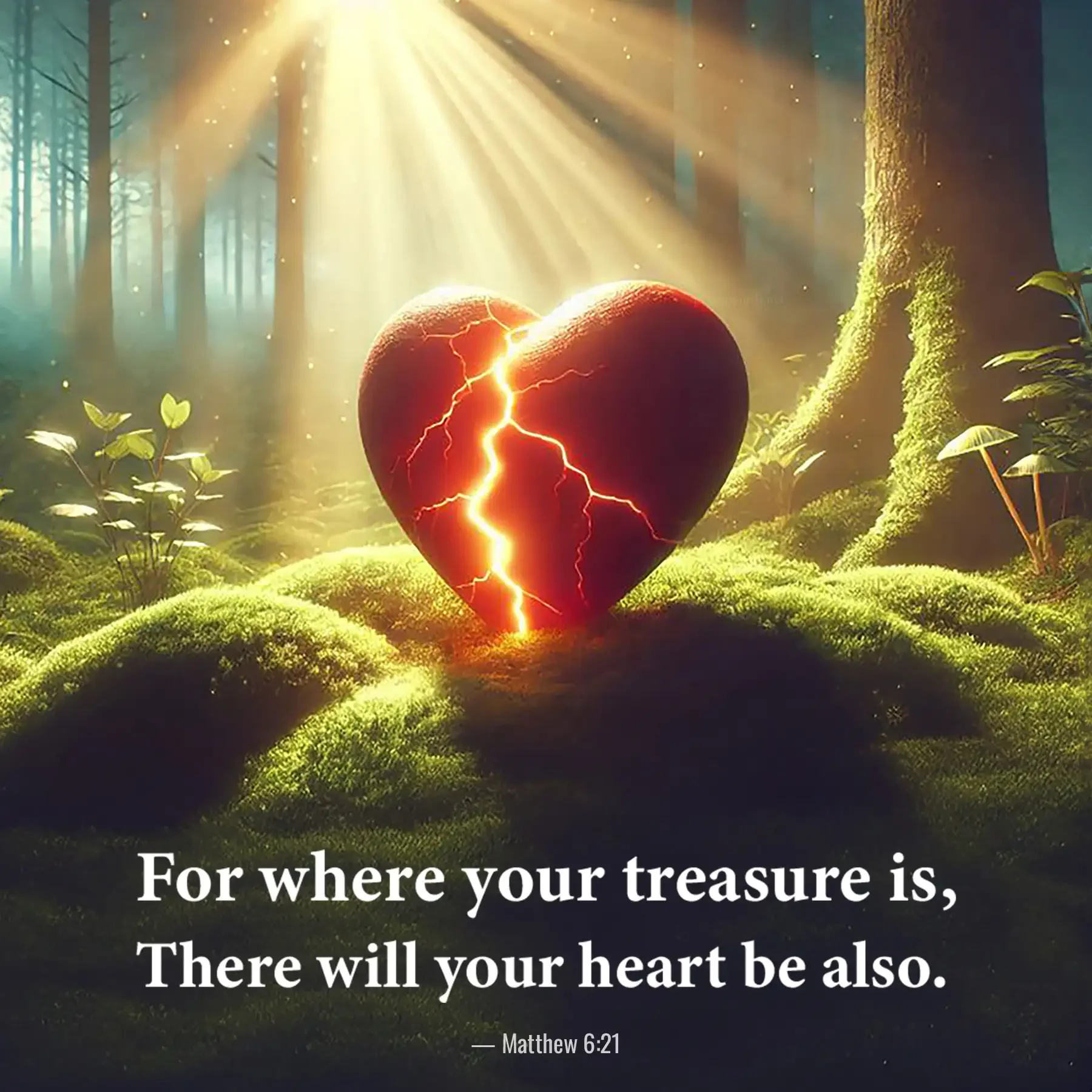 Matthew 6:21 Bible verse featuring a glowing heart in a peaceful forest with sunlight streaming through the trees.