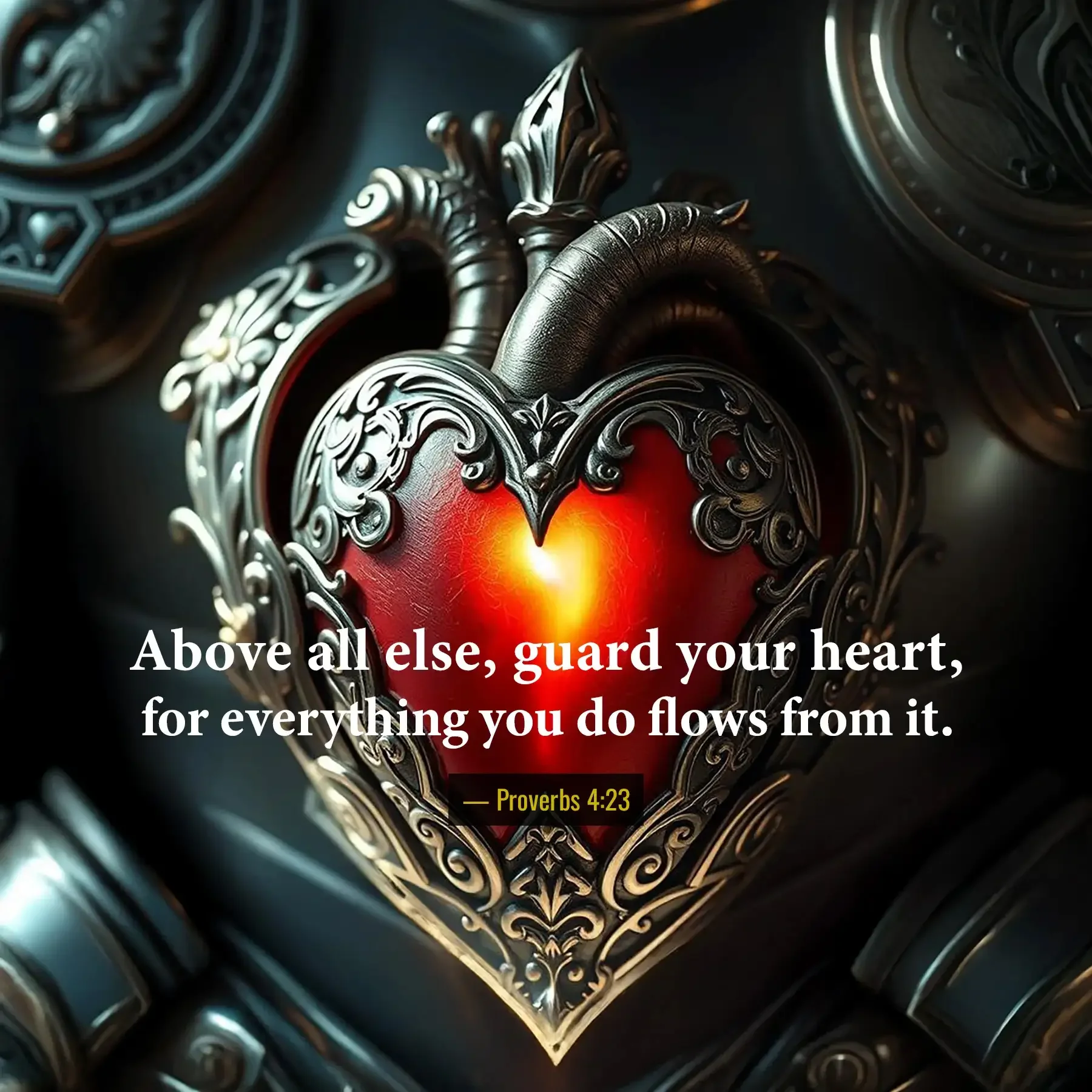 Proverbs 4:23 Bible verse with an ornate glowing heart reminding believers to guard their hearts.