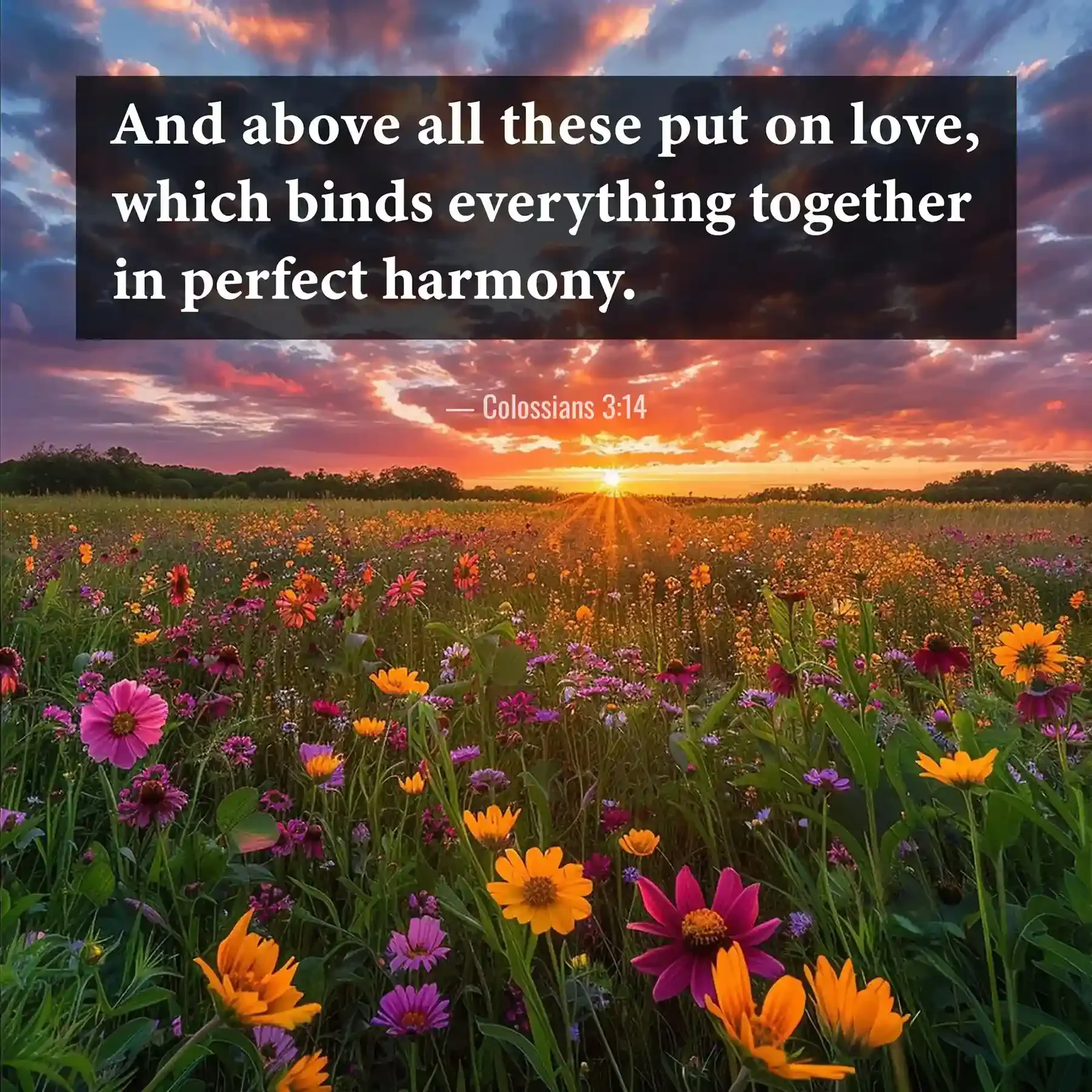 Colossians 3:14 Bible verse over a flower meadow encouraging believers to put on love above all else.