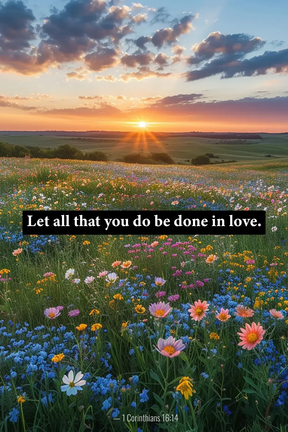 1 Corinthians 16:14 Bible verse over a blooming wildflower meadow at sunrise.