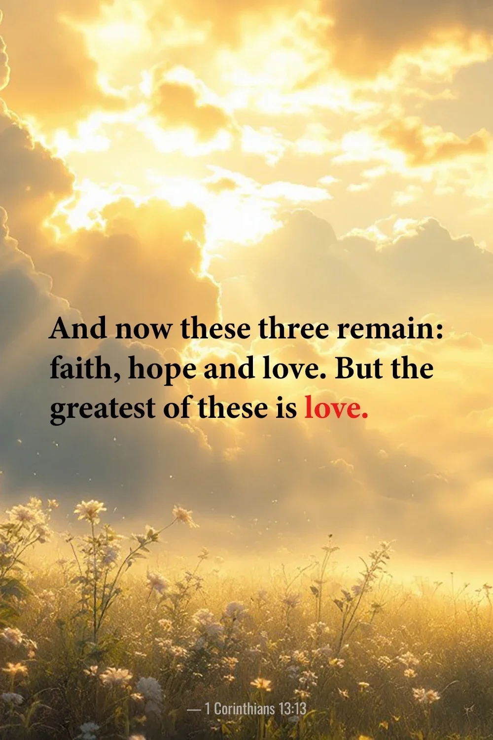 1 Corinthians 13:13 Bible verse with golden clouds and wildflowers about faith, hope and love.