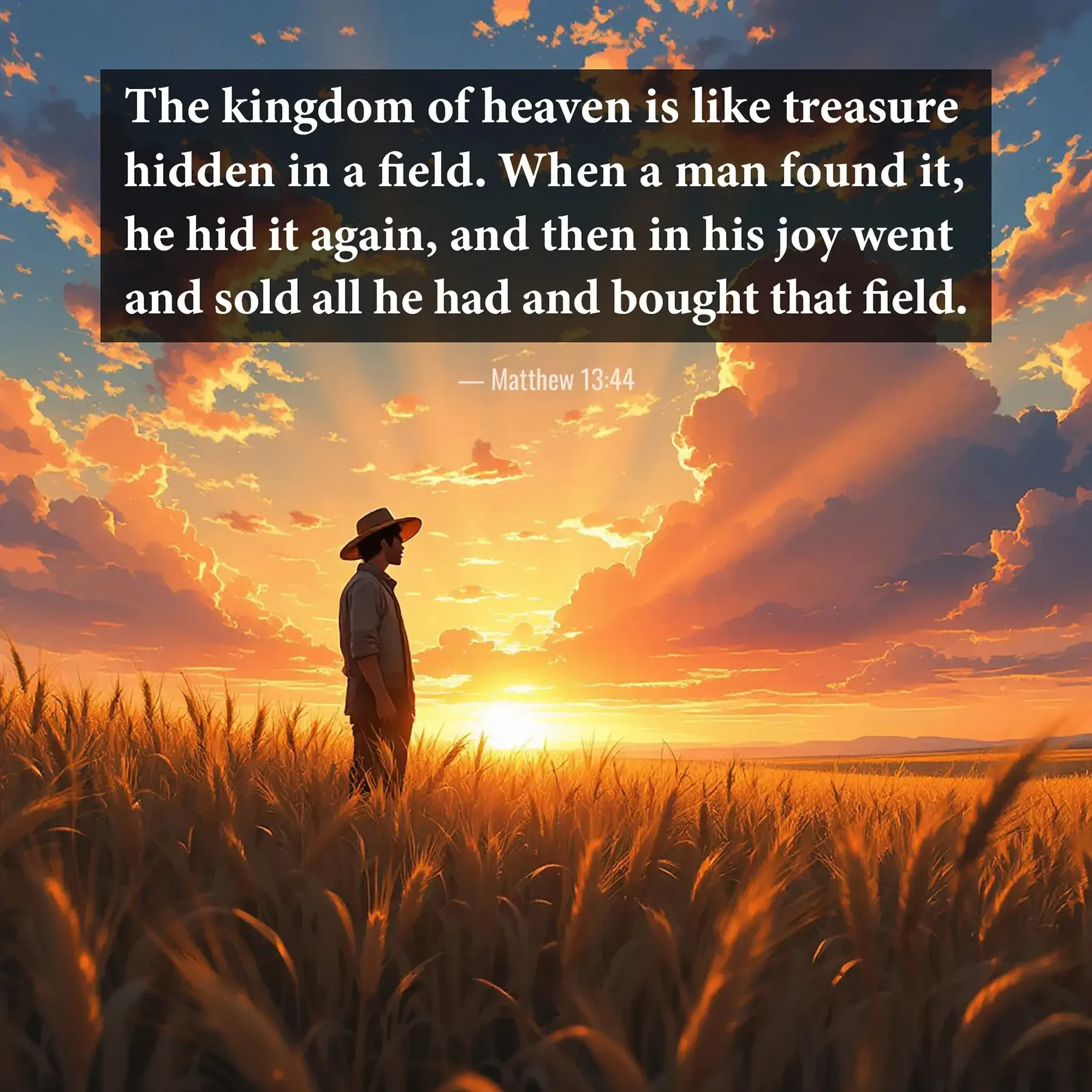 Matthew 13:44 Bible verse with a golden sunset over a field representing the kingdom of heaven.