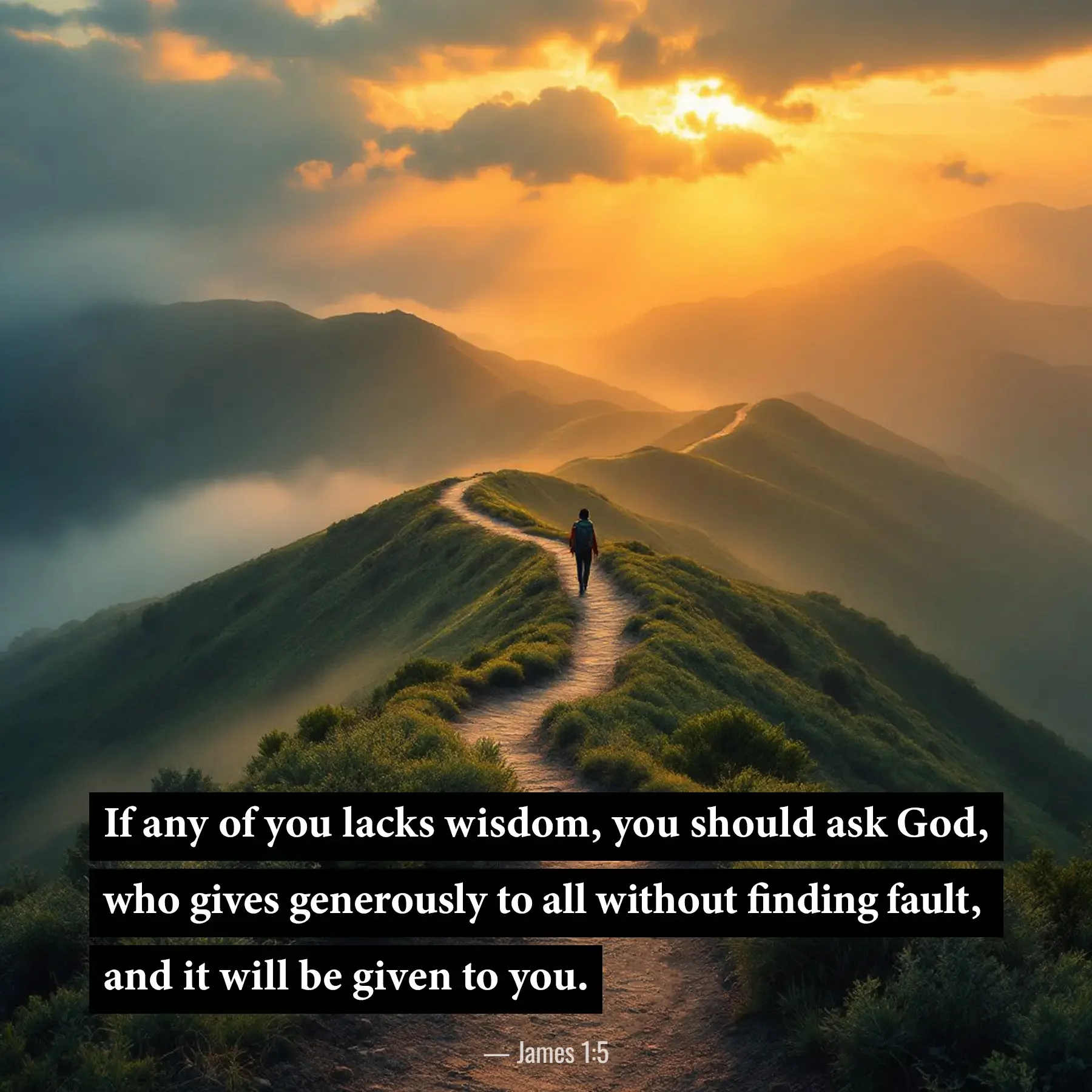 James 1:5 Bible verse with a mountain path at sunrise inviting believers to seek God's wisdom.