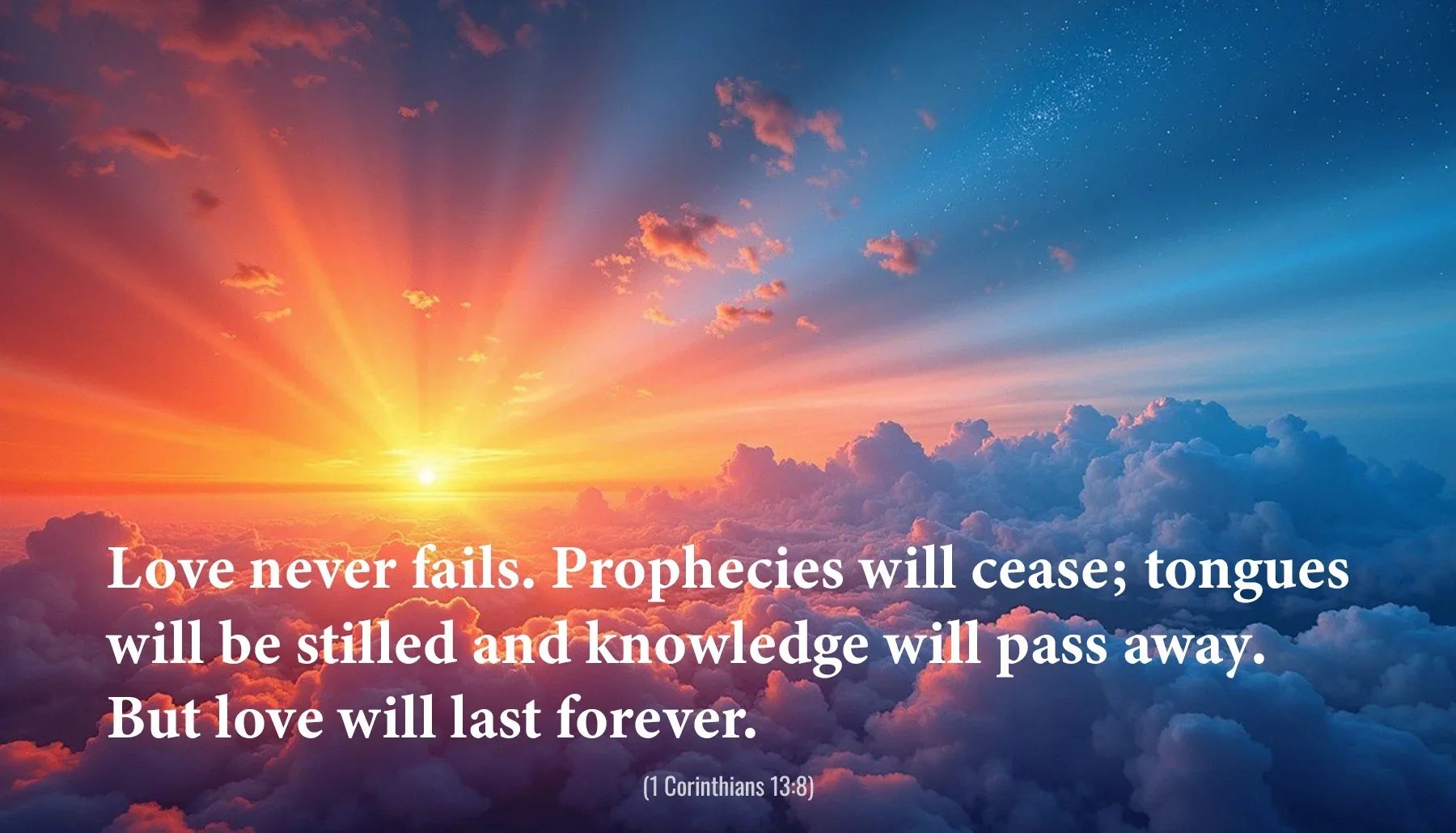Love never fails Bible verse from 1 Corinthians 13:8 over colorful sunrise clouds.