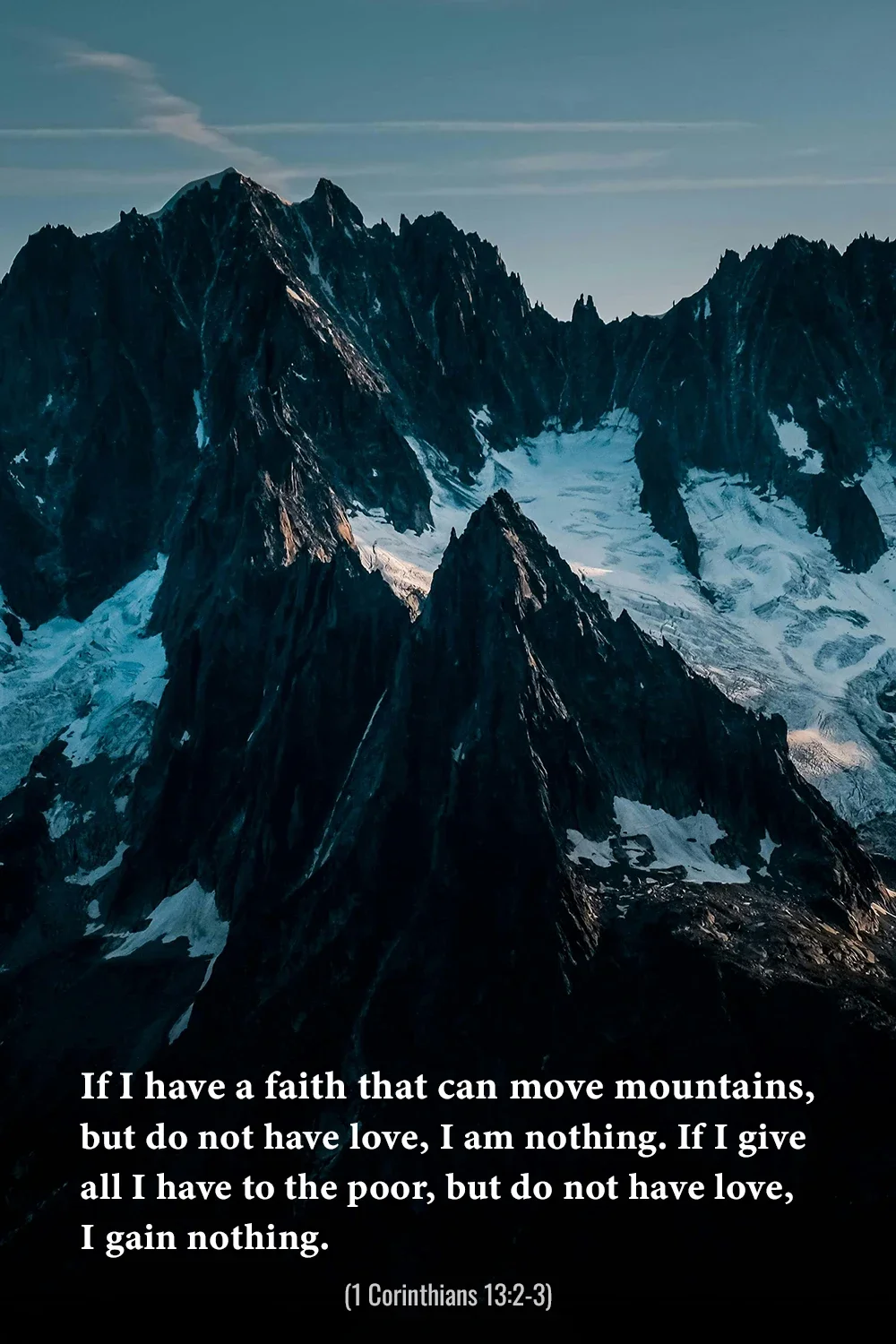 1 Corinthians 13:3 Bible verse with dramatic mountain peaks emphasizing that without love, I gain nothing.