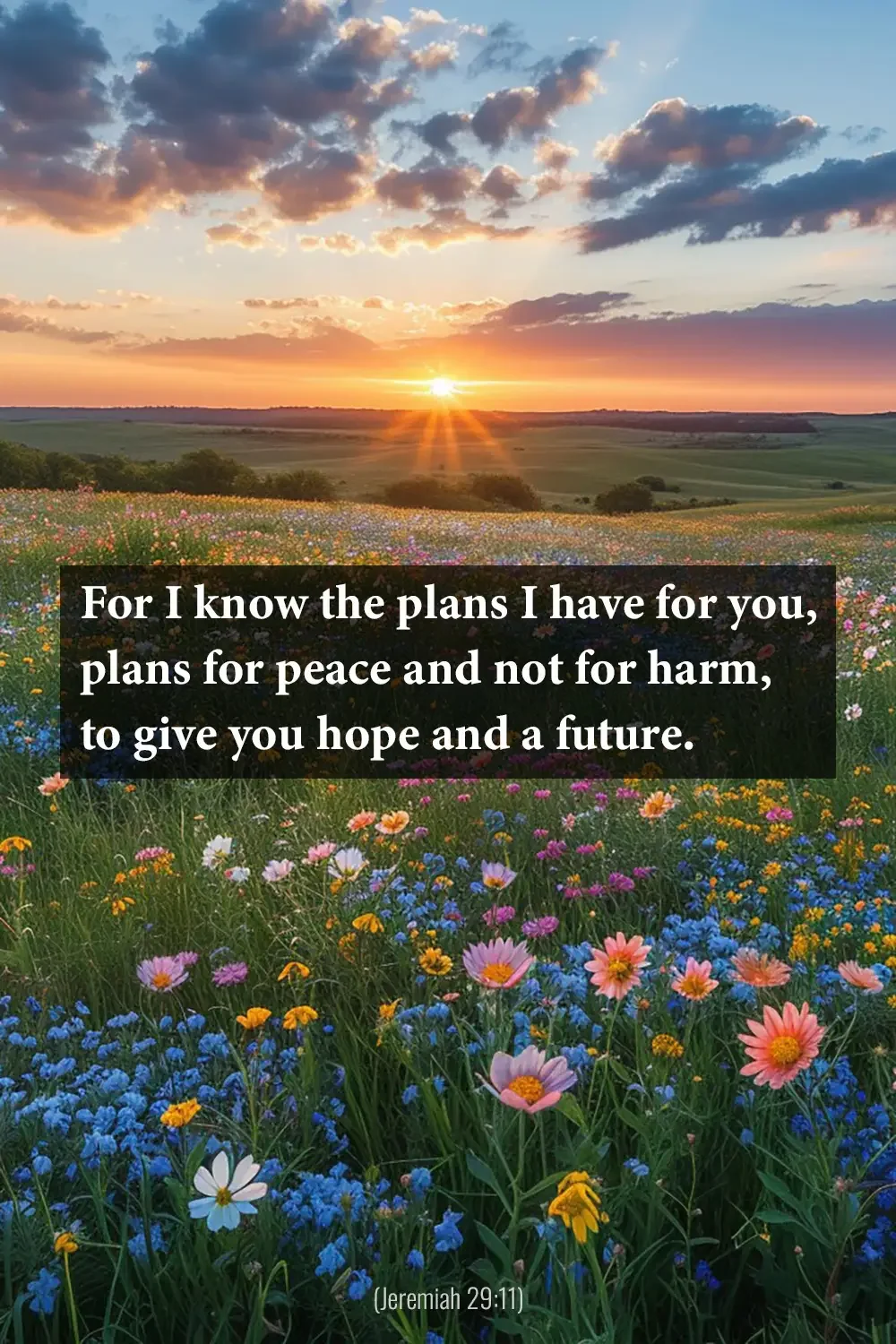 Jeremiah 29:11 Bible verse over a blooming wildflower meadow promising hope and a future.
