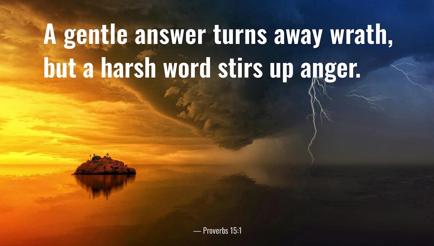 Proverbs 15:1 Bible verse over a dramatic sunset storm about the power of a gentle answer.