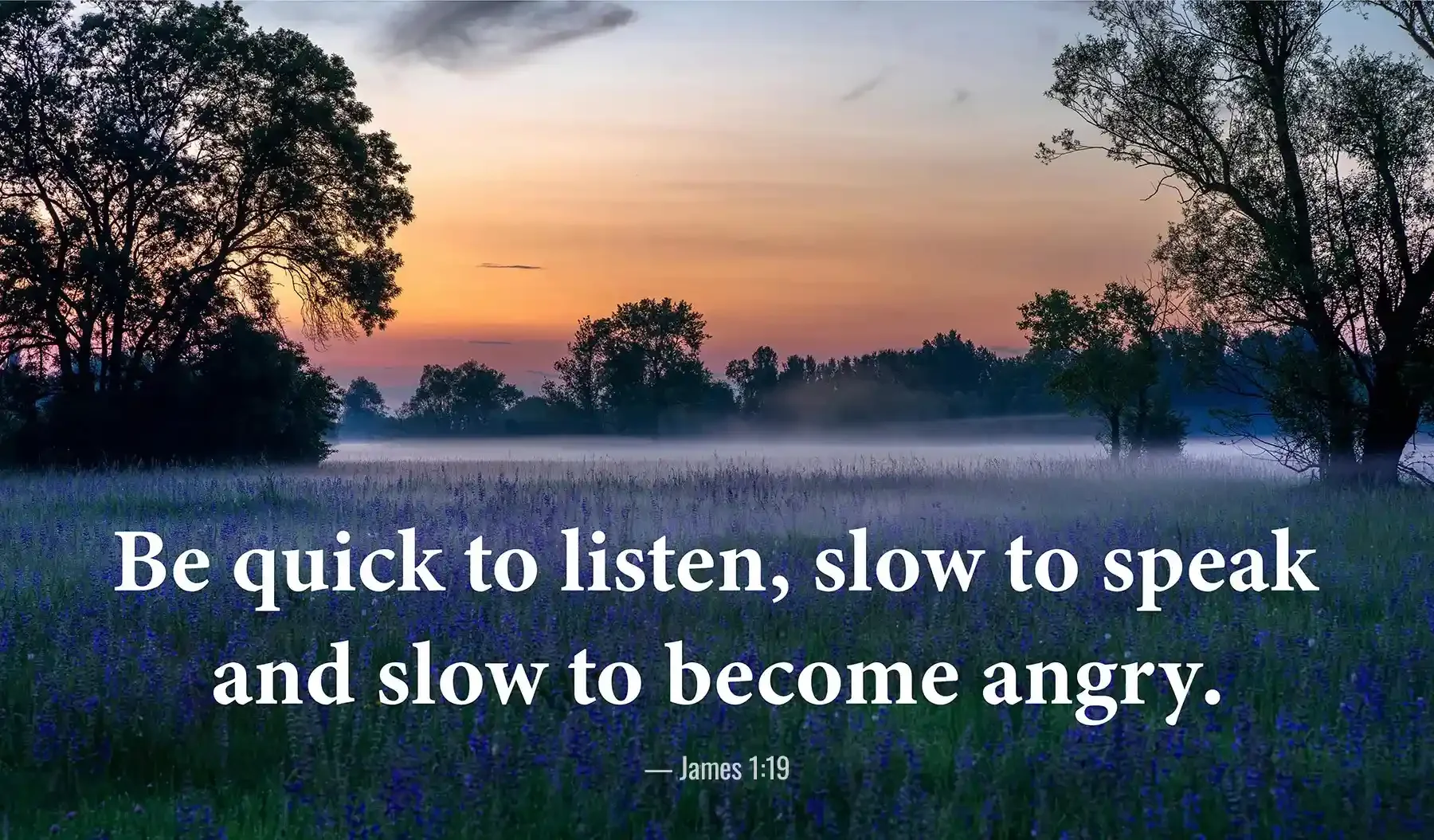 James 1:19 Bible verse over a misty sunrise field encouraging patience and self-control.