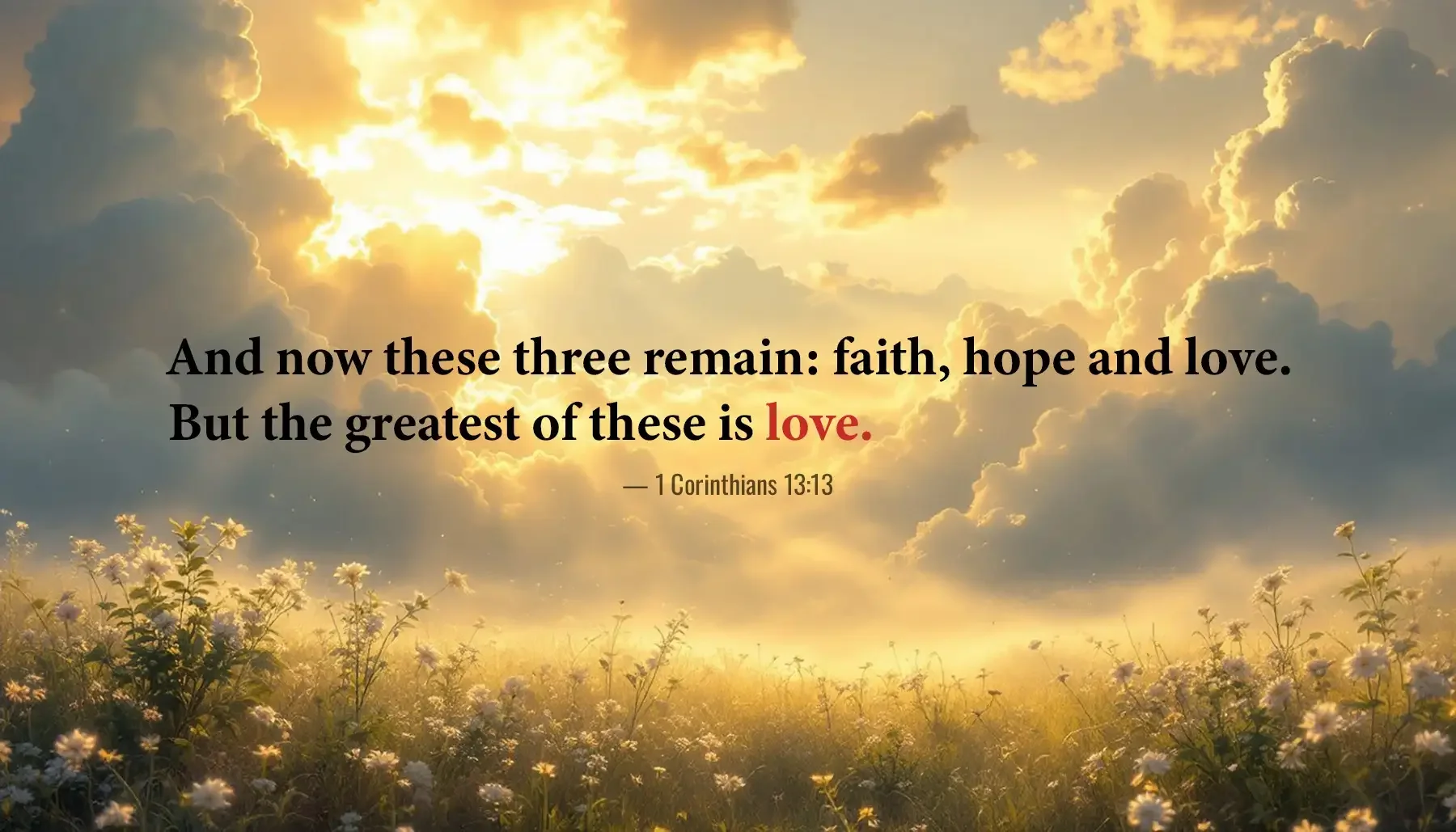 1 Corinthians 13:13 Bible verse with golden sunrise and wildflowers, emphasizing faith, hope and love.