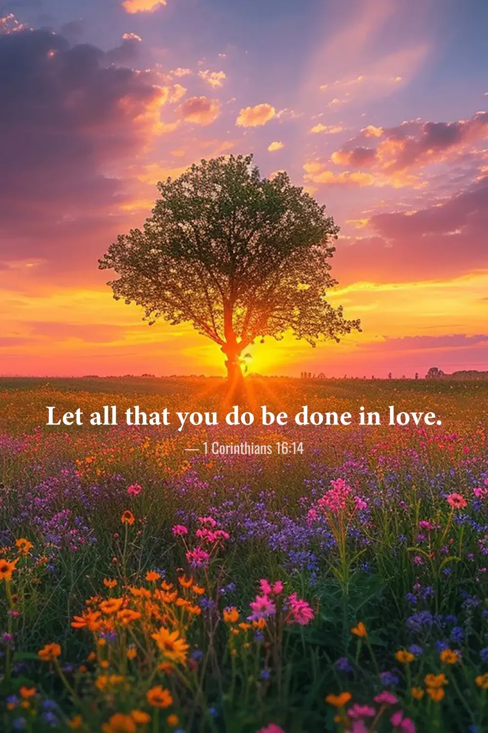 1 Corinthians 16:14 Bible verse with a lone tree at sunset surrounded by colorful wildflowers.