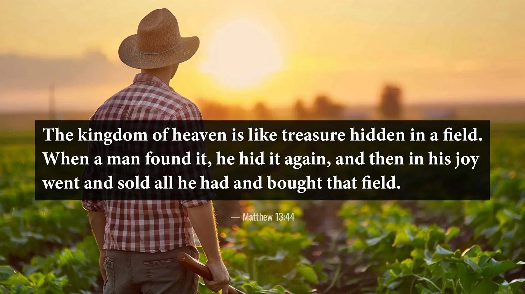 Matthew 13:44 Bible verse showing a farmer in a field, illustrating the treasure hidden in a field.