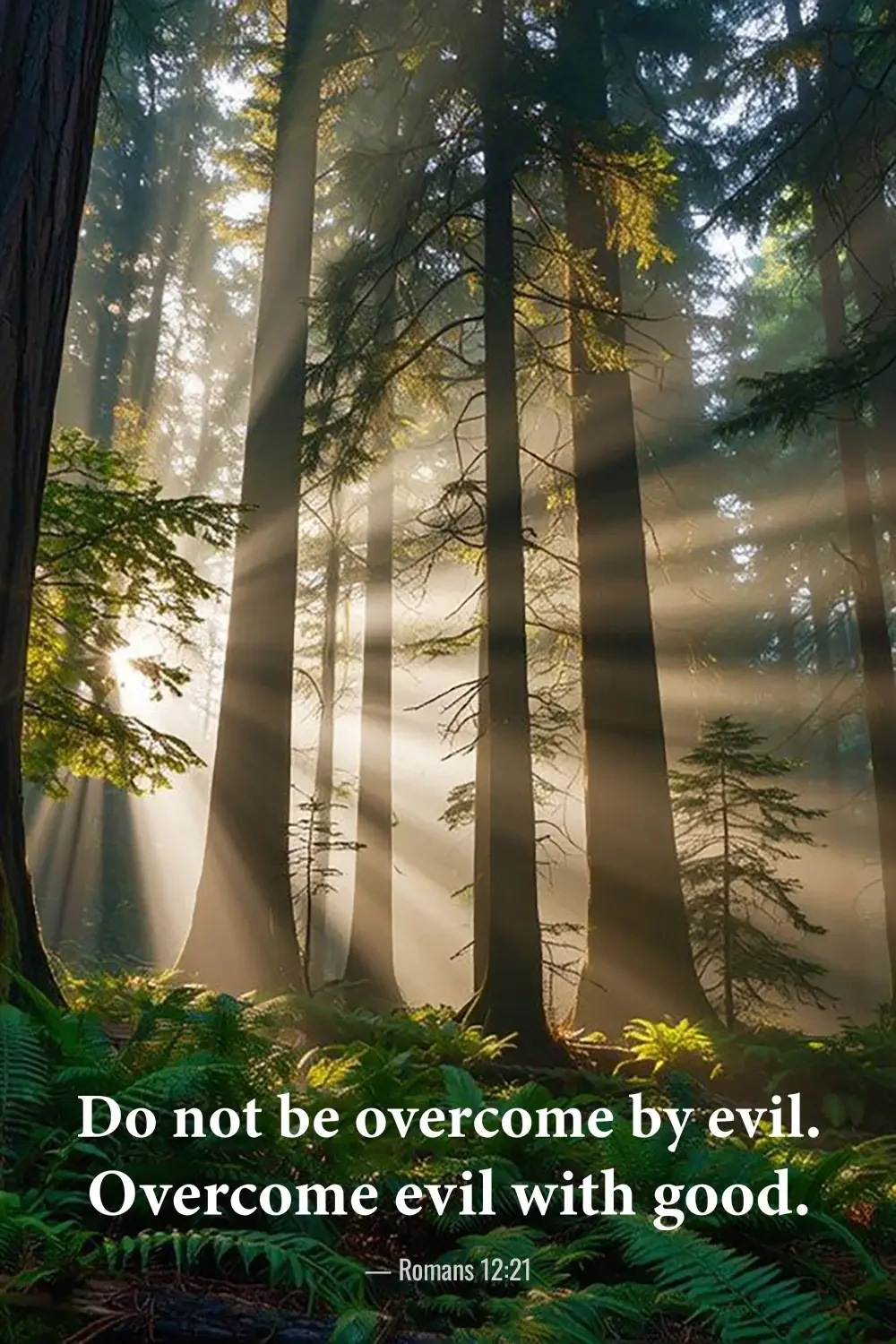 Romans 12:21 Bible verse with dramatic sunbeams shining through tall evergreen trees.