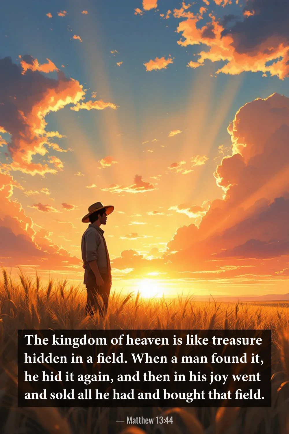 Matthew 13:44 Bible verse with a person watching a golden sunset about the treasure hidden in a field.